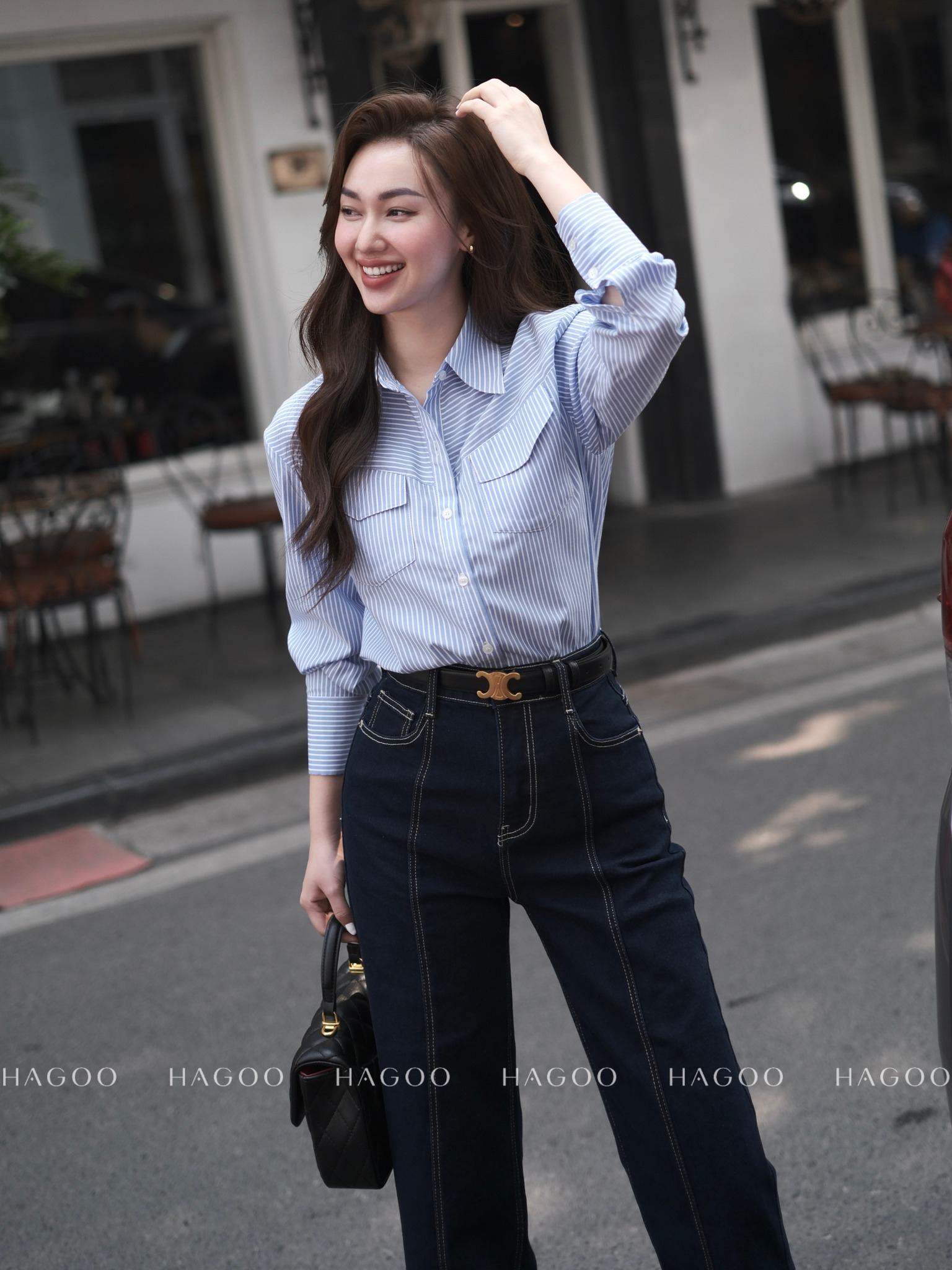 Áo sơ mi basic kẻ sọc nắp túi HAGOO