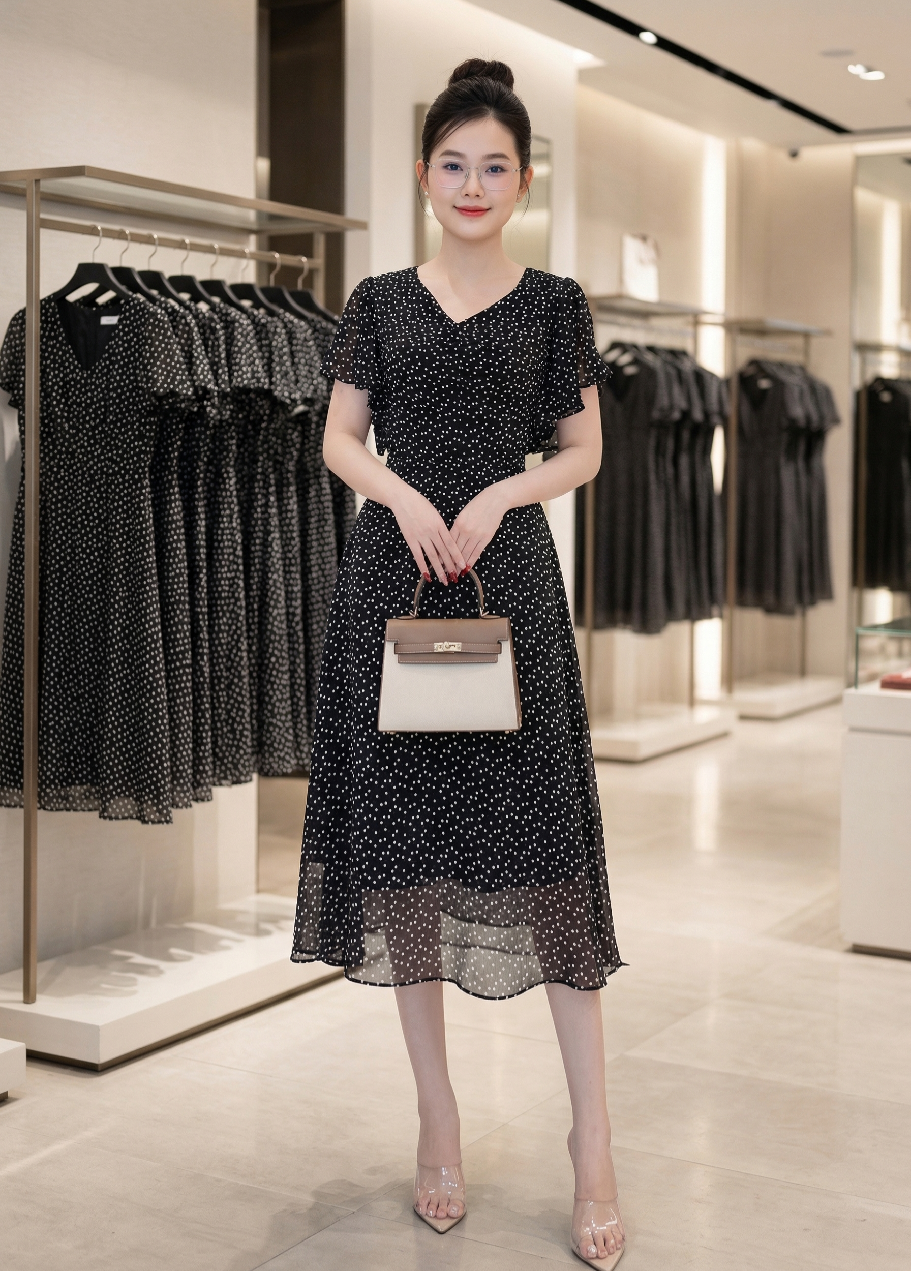 Đầm midi họa tiết tim nhí cổ V phối ren lưng_thumbnail_3