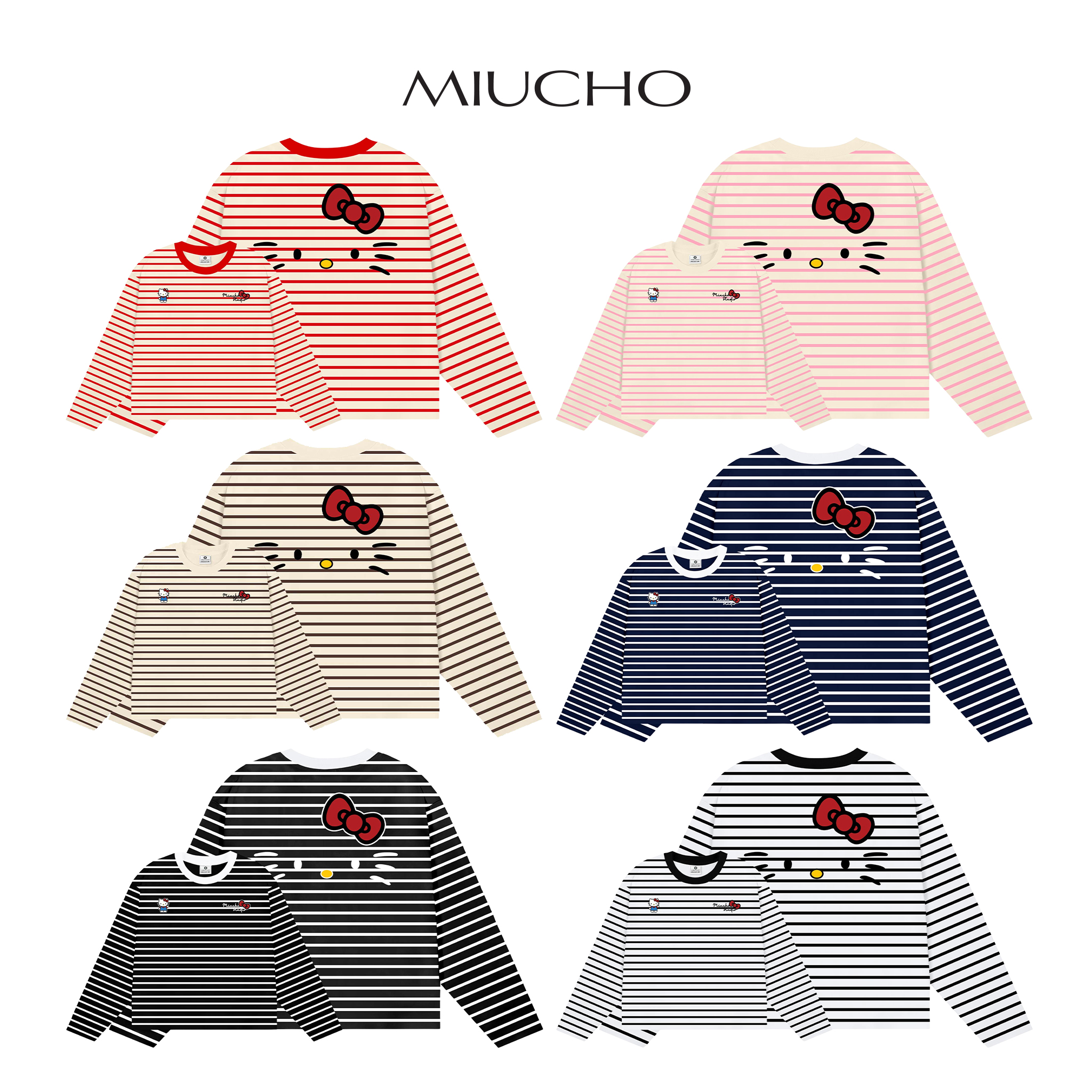 Áo thun boxy tay dài Miucho vải rib thoáng mát mềm mại co giãn tốt cổ tròn kẻ sọc kitty in mix 2691_thumbnail_2