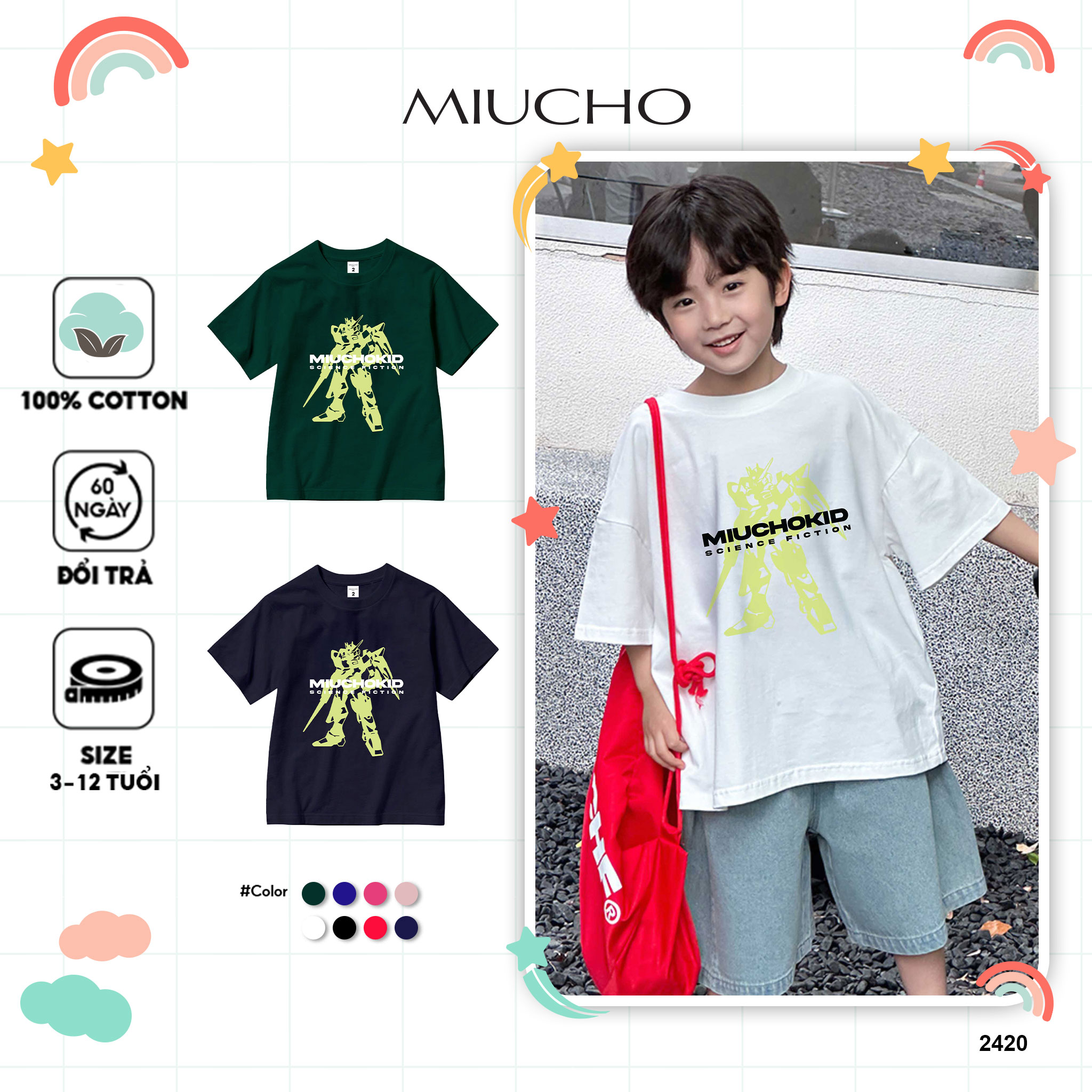 Áo thun bé trai form rộng đi chơi đi học AED2420 Miucho Kid vải cotton thoáng mát in mix