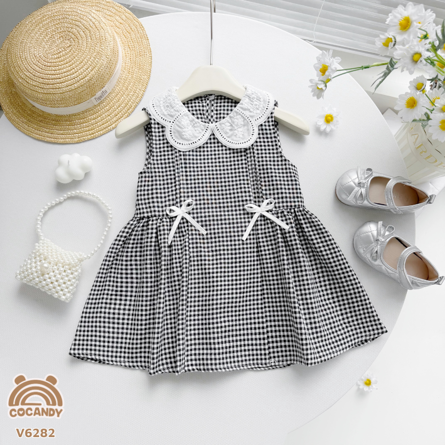 Váy sát nách ĐEN chấm bi nhún phối 2 nơ