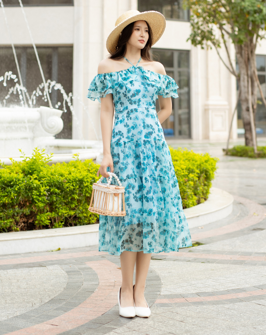 Đầm maxi hoa trễ vai bèo cột nơ xinh xắn 2in1