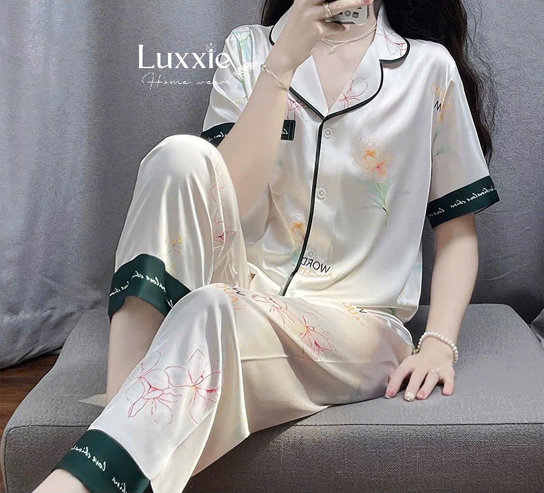 N99B Pijama lụa hoa viền xanh lá cộc tay_thumbnail_6