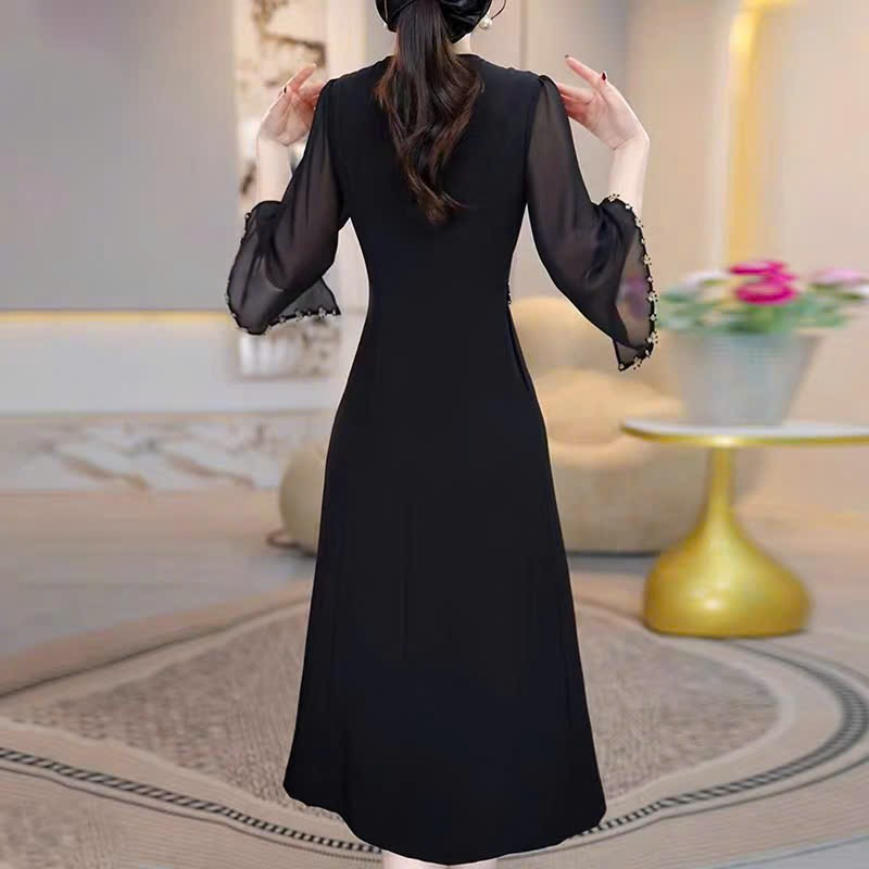 17780-Đầm suông đen phối tay voan lở  viền eo tua rua ( lụa , voan, lót)_thumbnail_1