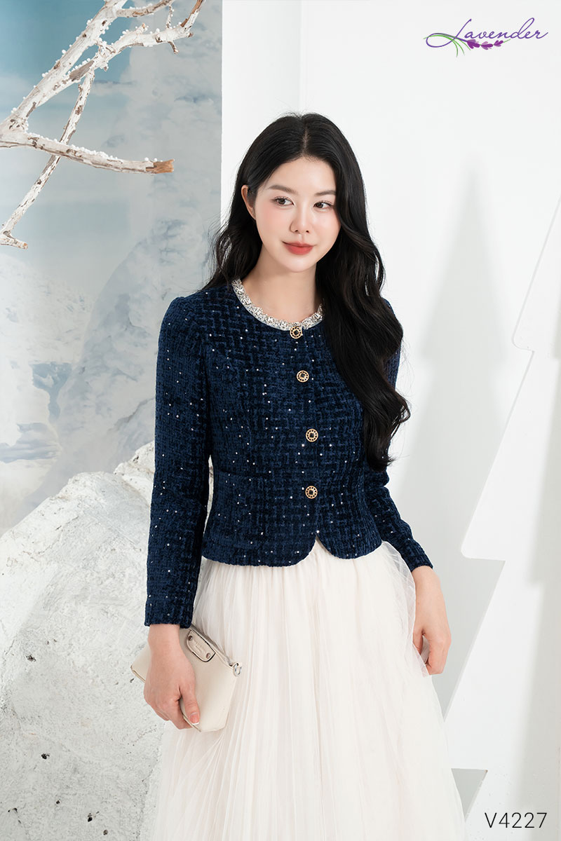 Áo dạ tweed cổ tròn phối viền V4227