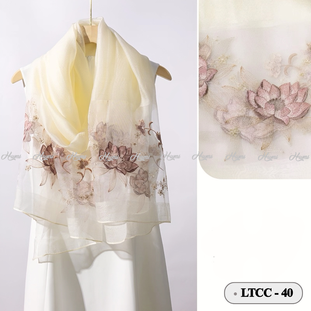 KHĂN TƠ THÊU HOA SEN (LTCC-40 Kem)