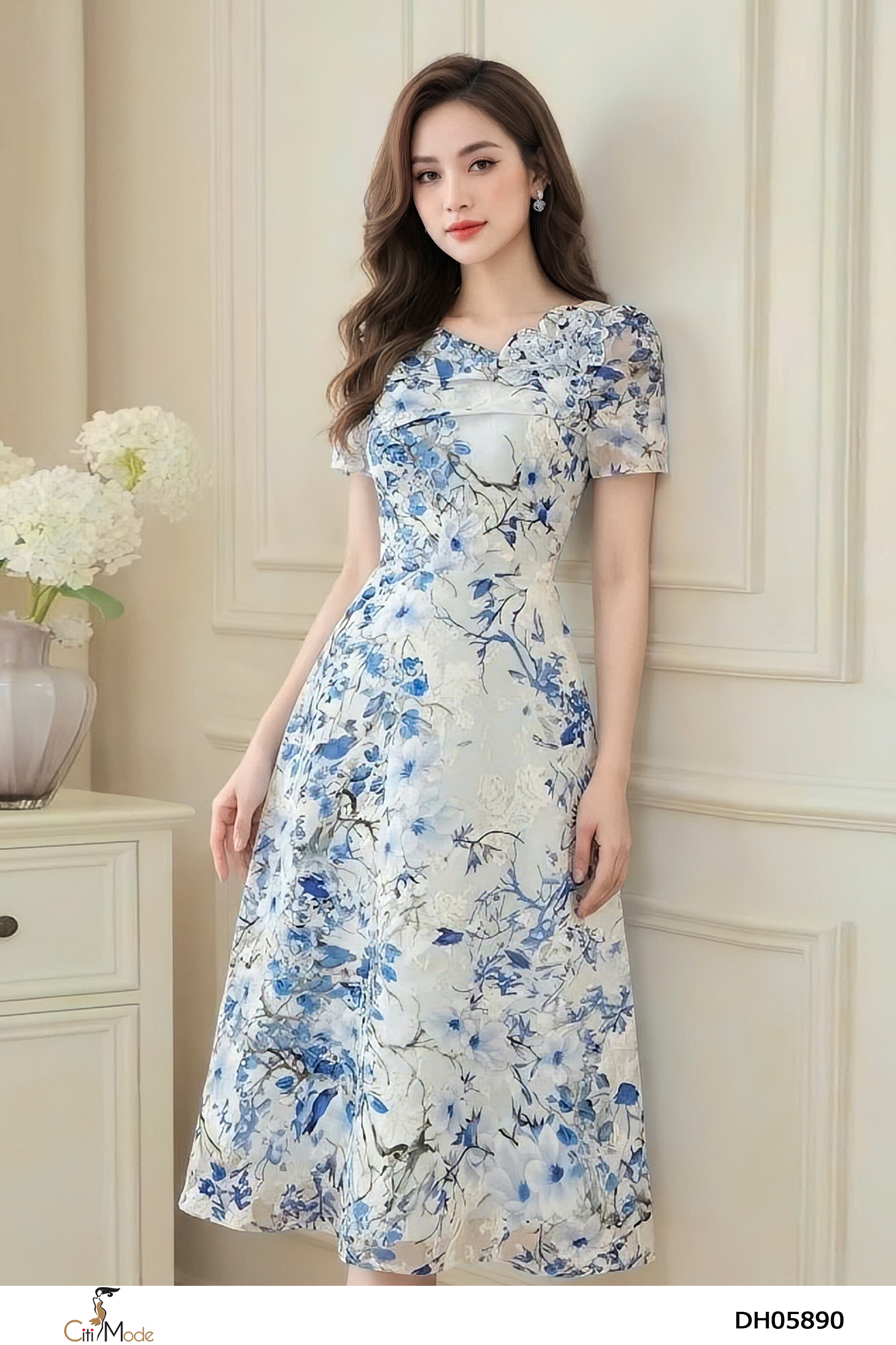Đầm xòe hoa xanh, cổ lệch, đính hoa , xếp ly bong cổ