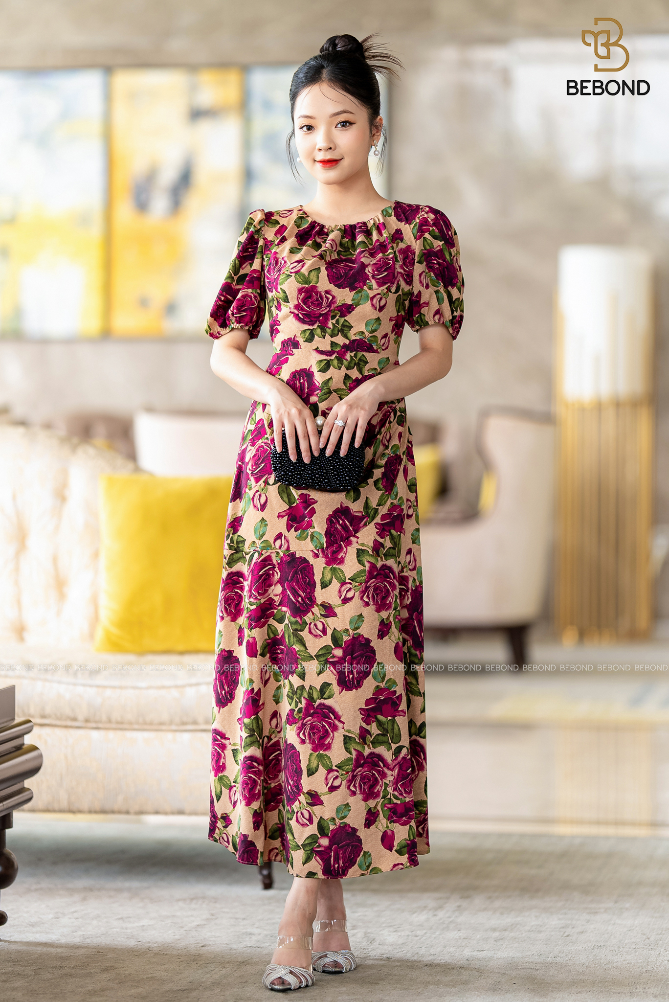 ĐẦM LỤA XẾP LY HỌA TIẾT HOA TÍM - NAOMI DRESS