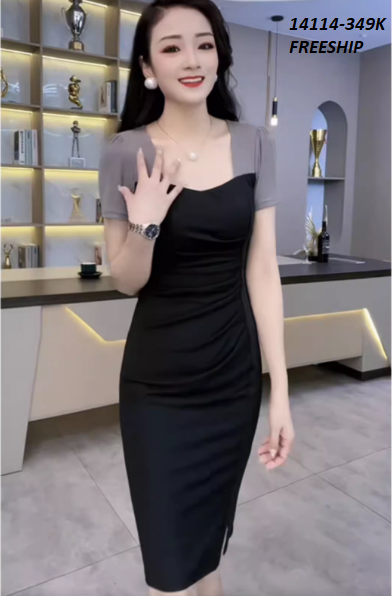 14114-Đầm body tay ngắn cổ vuông thân xếp nhún (thun poly,tơ nhung)FREESHIP_thumbnail_2
