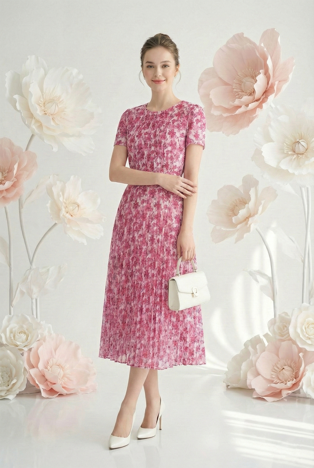 Đầm voan dày in hoa dáng ôm chân dập ly cổ tròn tay ngắn thiết kế MAZANO