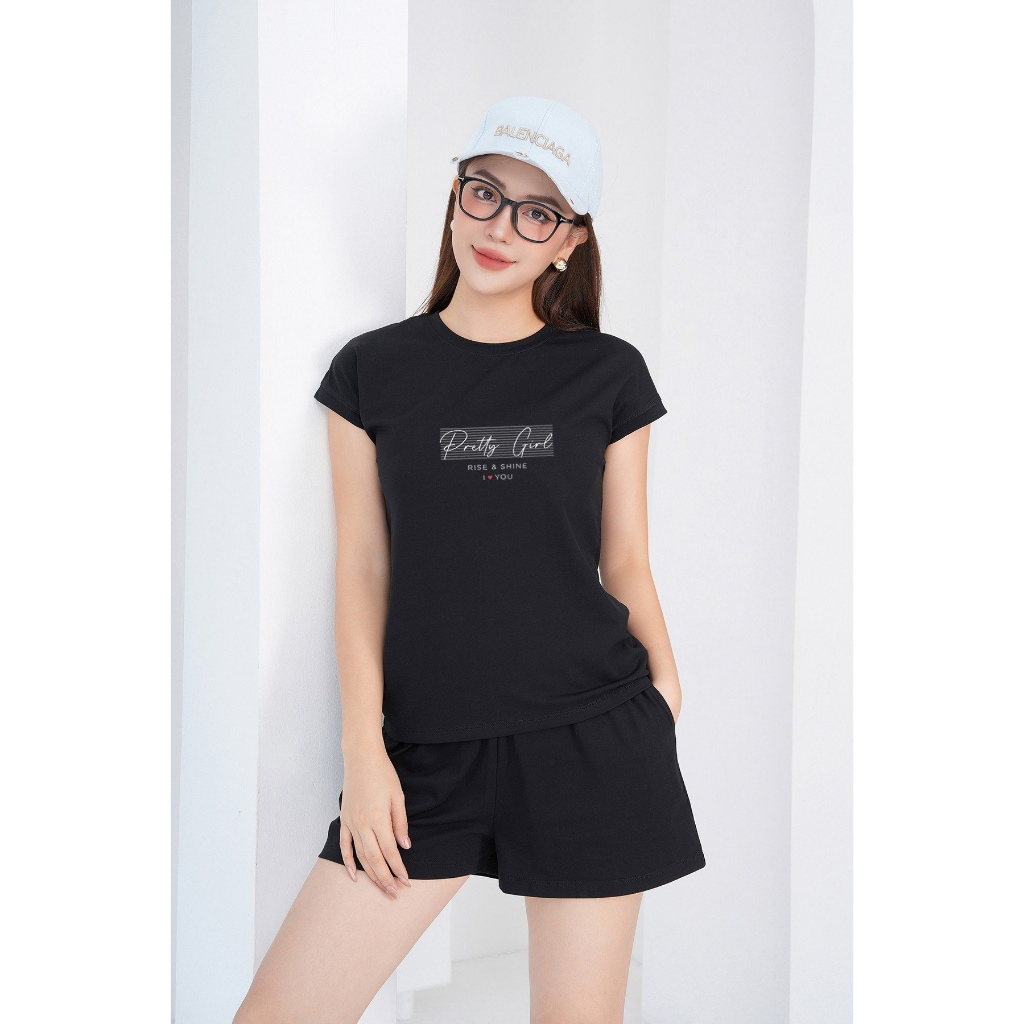 [Form Vừa] Set đồ nữ (áo thun tay hến dáng vừa + quần đùi) cotton tay hến in chữ Pretty Girl - Bộ đồ nữ LOZA - BH6299_thumbnail_1