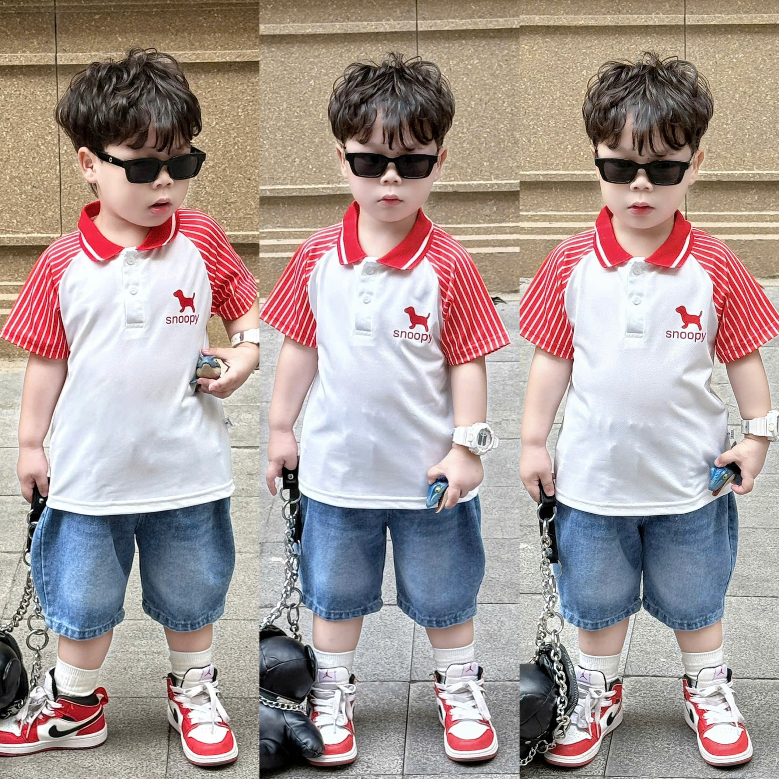 C01 BỘ POLO QUẦN BÒ SỌC VAI CHÓ ĐỎ- A116.859