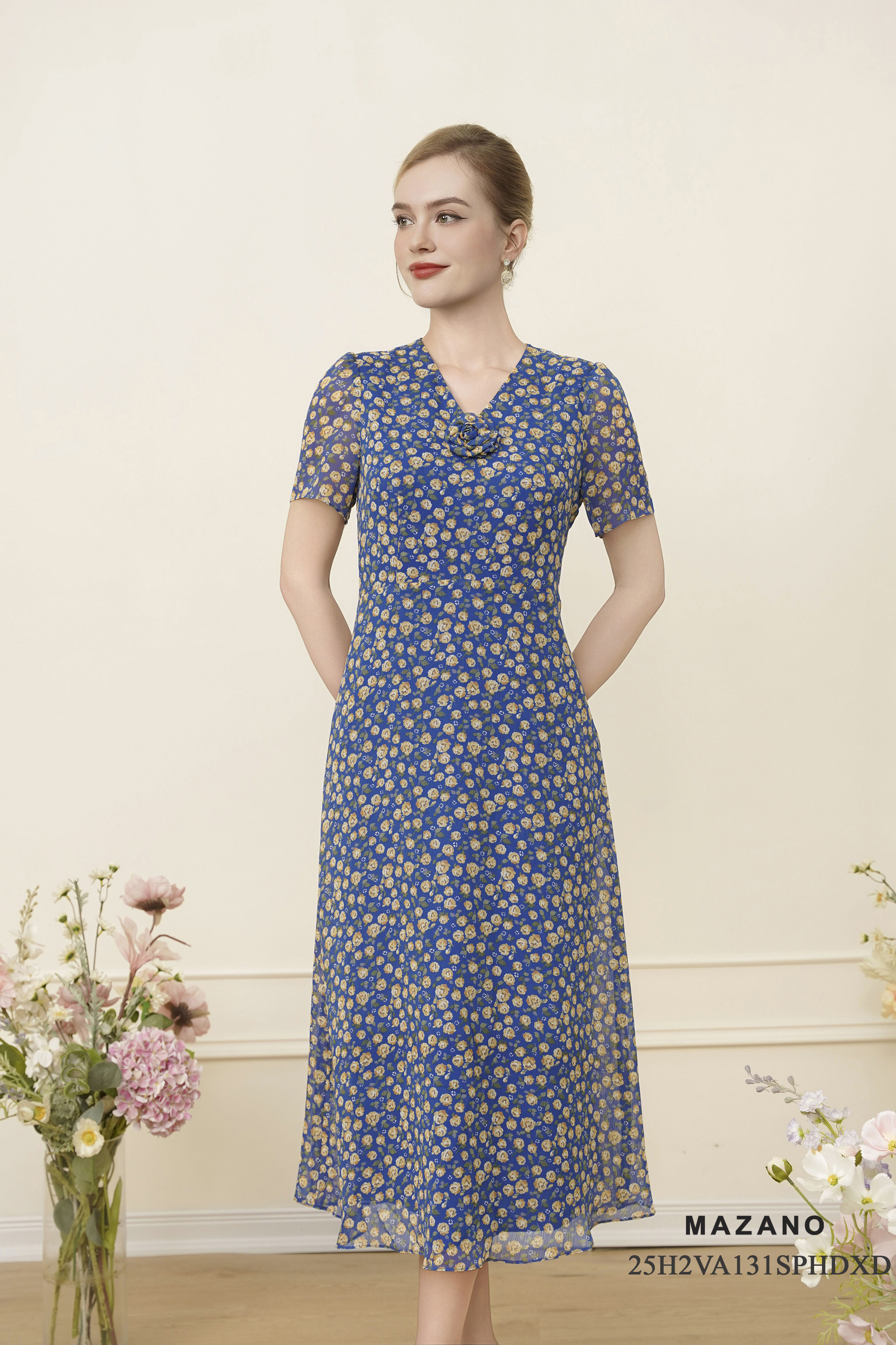 Váy Đầm Ôm Vải chiffon Hoạ tiết hoa nhí Cổ V Trang trí cuốn hoa Tay ngắn Dài đến mắt cá chân_thumbnail_2