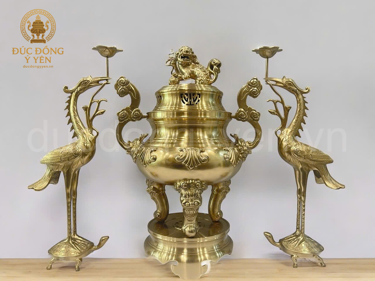 Bộ đỉnh thờ tam sự hoa sòi cao 60cm đúc đồng cát tút nguyên chất 