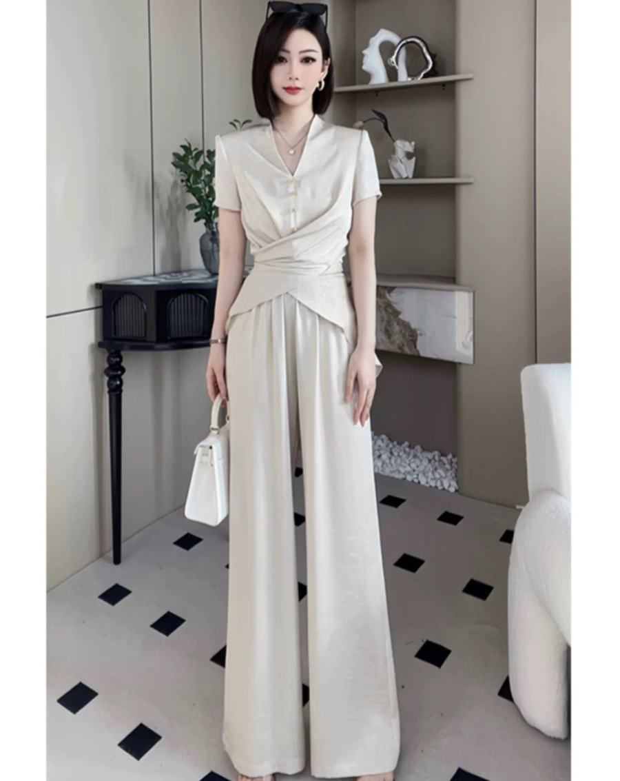 Set bộ áo phom dài chéo eo phối quần dài ống rộng phong cách_thumbnail_1