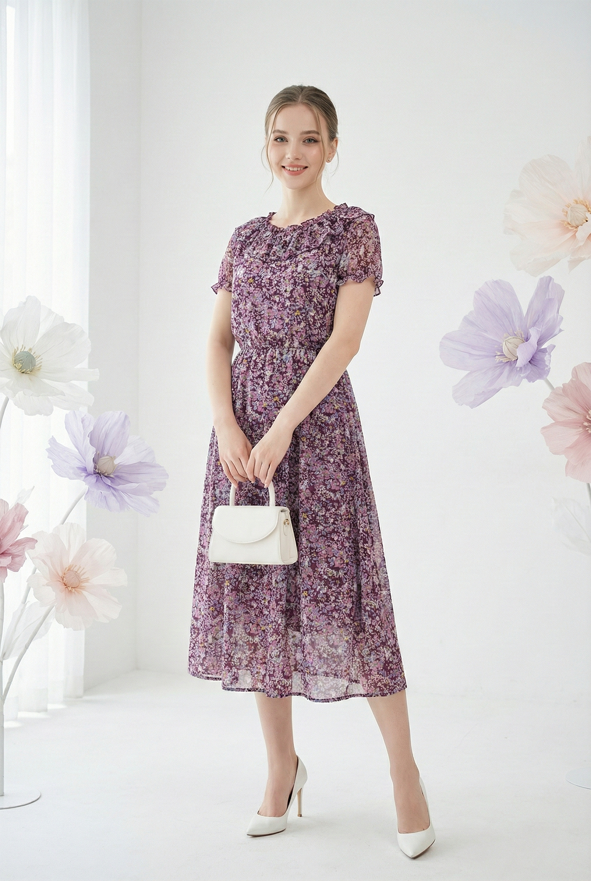 Đầm vải voan in hoa nhí tím dáng ôm chân rủ cổ tròn rộng phối bèo tay ngắn thiết kế MAZANO