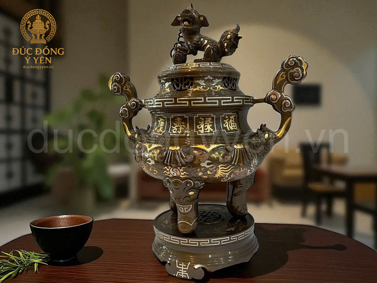 Bộ ngũ sự cao 60cm hoa văn sòi khảm tam khí dát điểm vàng _thumbnail_1