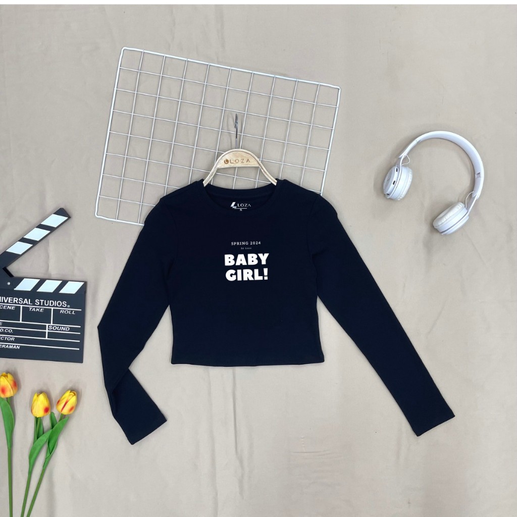 Áo croptop dài tay nữ in chữ thời trang - Áo thun dài tay thu đông LOZA G0105