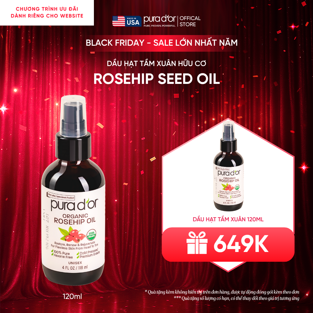 Dầu Hạt Tầm Xuân Nguyên Chất Hữu Cơ Pura D'or Organic Rosehip Seed Oil  – Giúp Phục Hồi Làn Da & Dưỡng Tóc Mềm Mượt 118ml