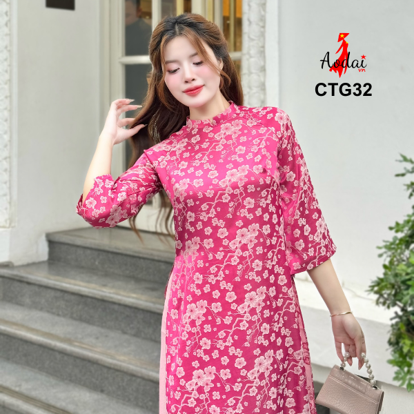 Bộ Áo Dài Cách Tân Gấm CT32 Dáng Suông Hoa Anh Đào Màu Hồng Sen Cổ Cao 2cm Tay Lỡ