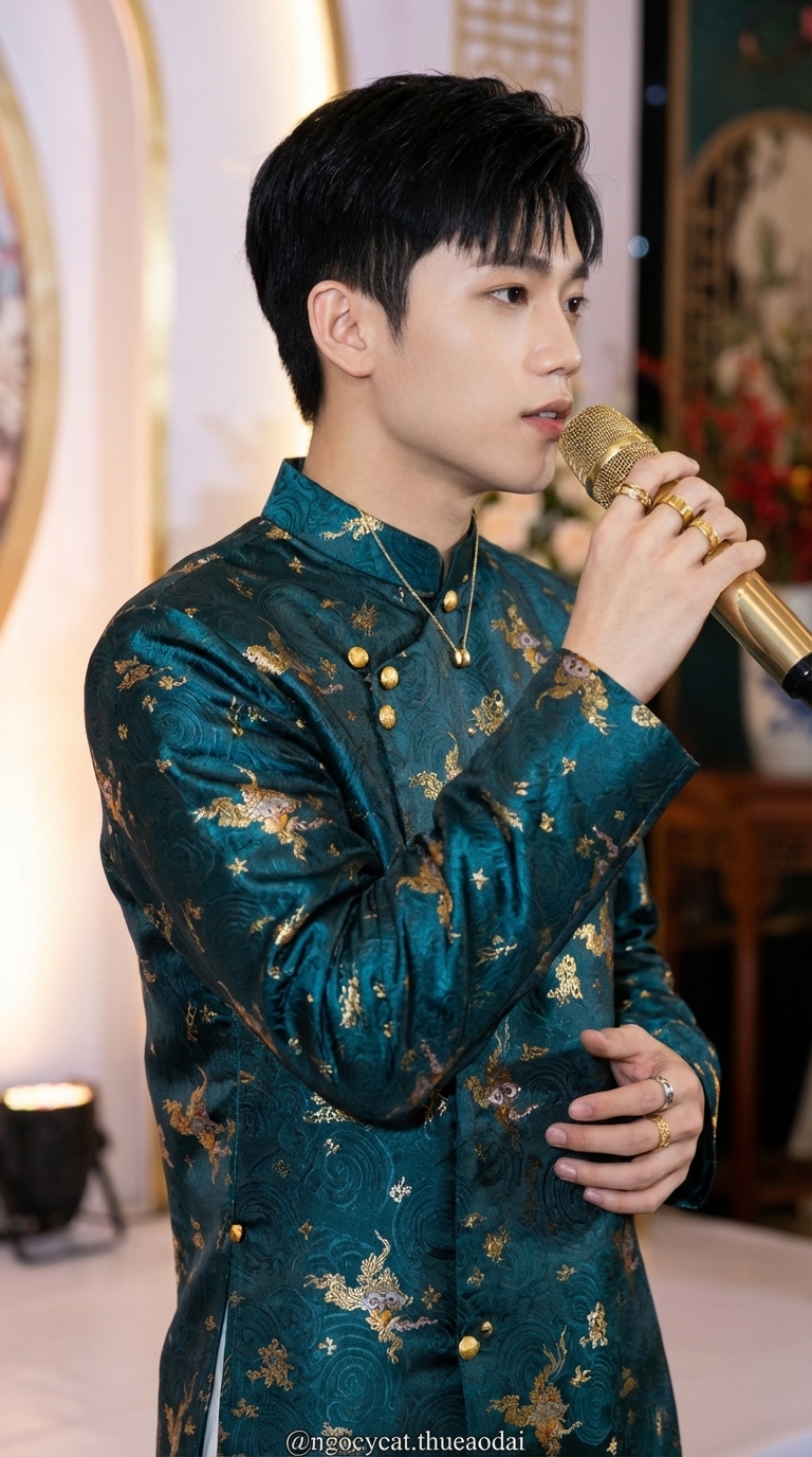 Áo Dài Nam Xanh Cổ Vịt Gấm Họa Tiết Truyền Thống_thumbnail_2