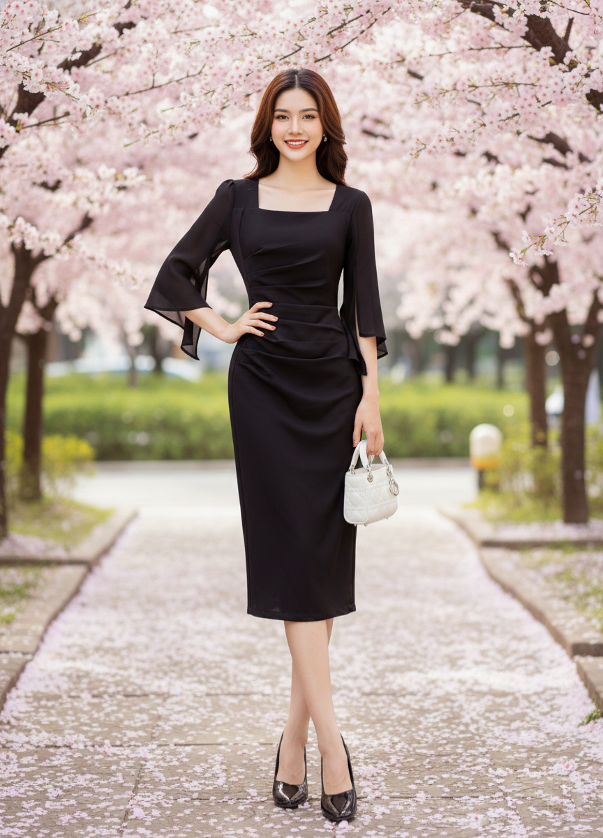 Đầm body xếp ly eo tay nữ hoàng