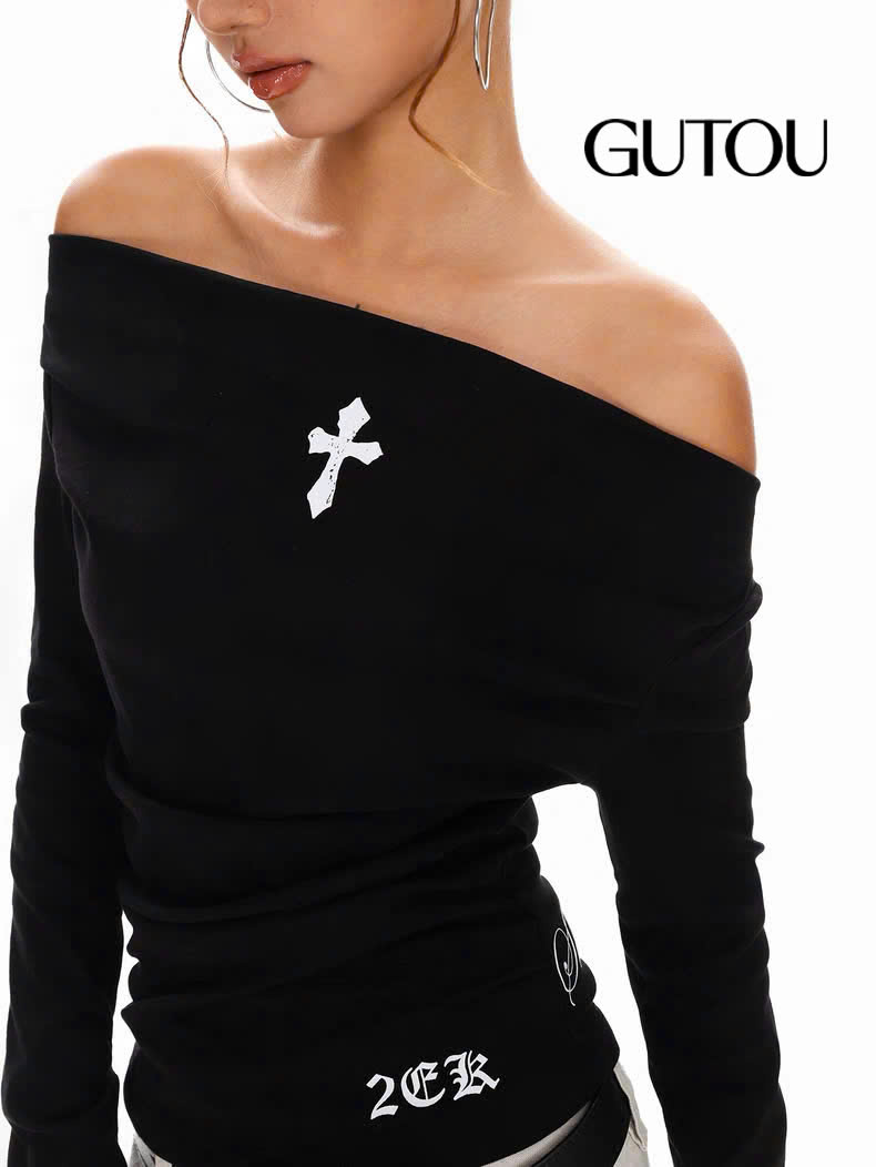 [ GUTOU ] Áo Trễ Vai Tay Dài In Thập Street Chic_thumbnail_6