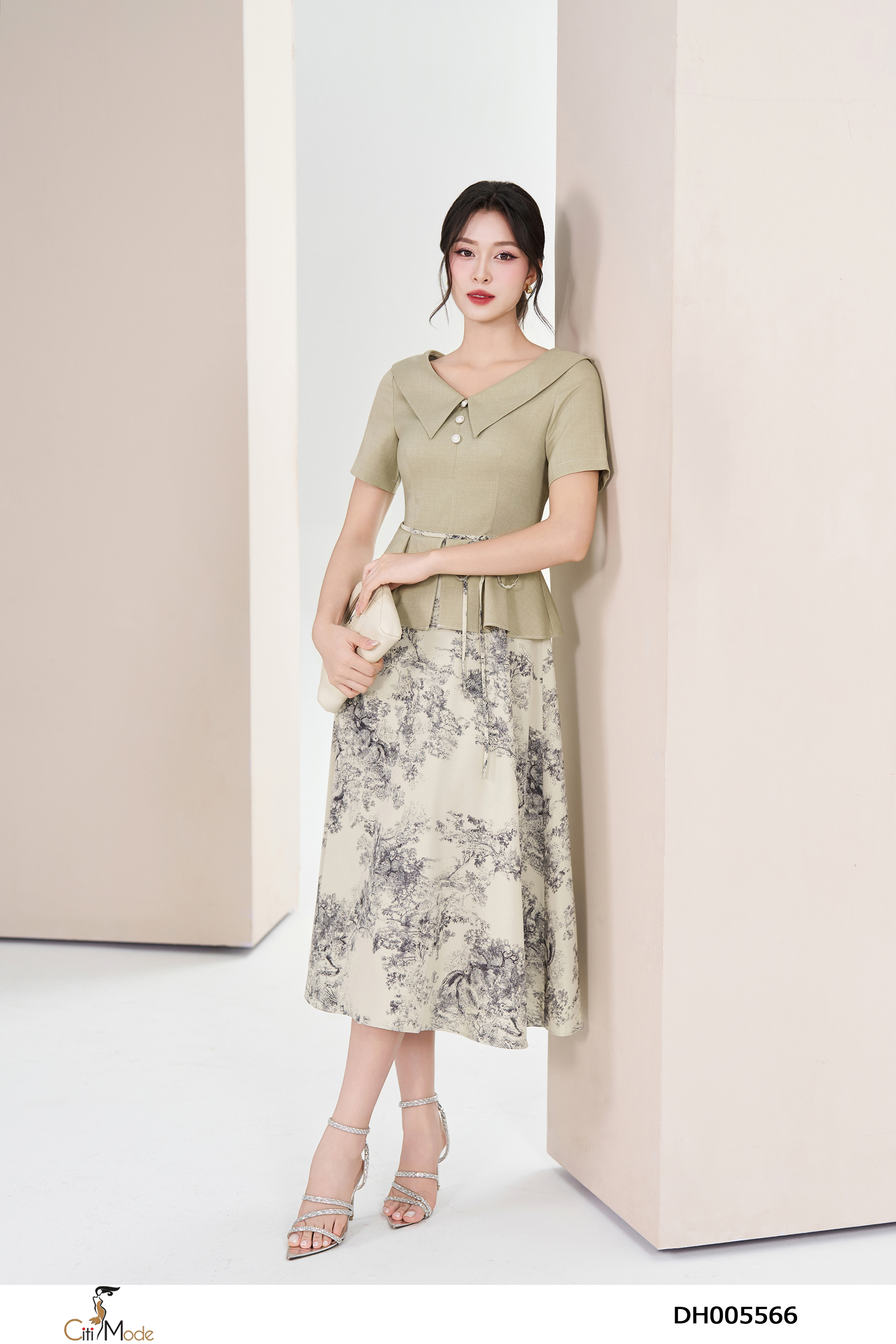 Đầm xòe bơ peplum cổ V cách điệu thắt đai eo_thumbnail_3