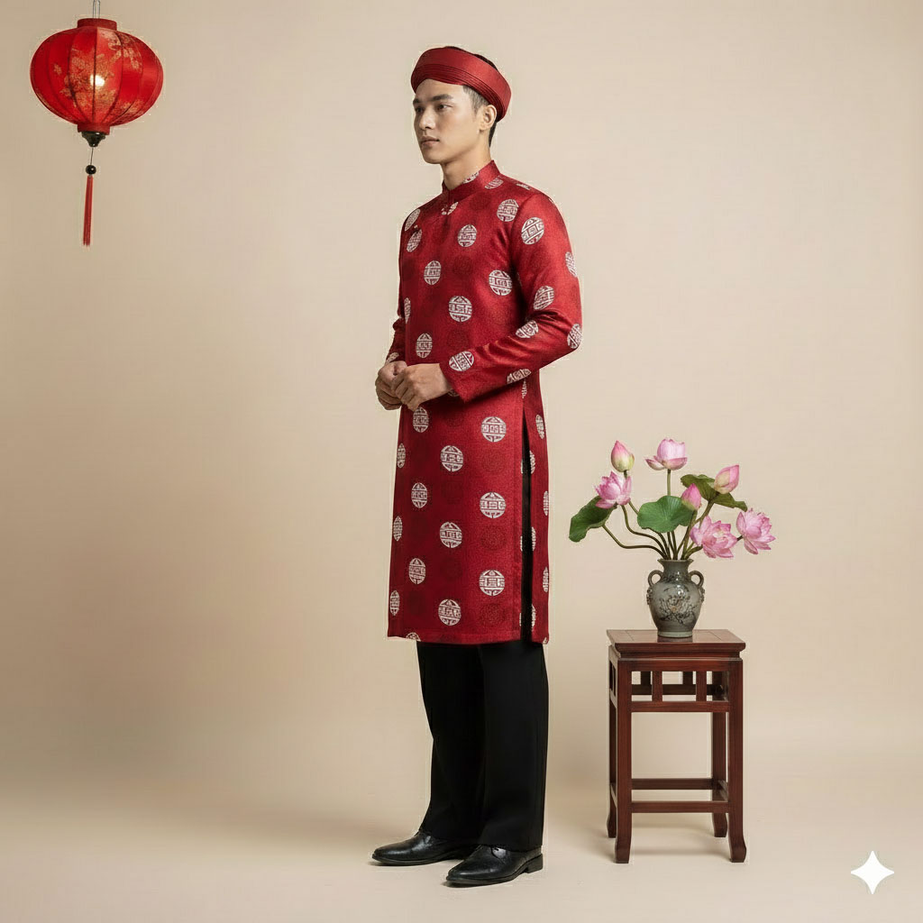 Áo Dài Nam Cách Tân Gấm Họa Tiết Hỷ Big Size Form Rộng – NA25-03