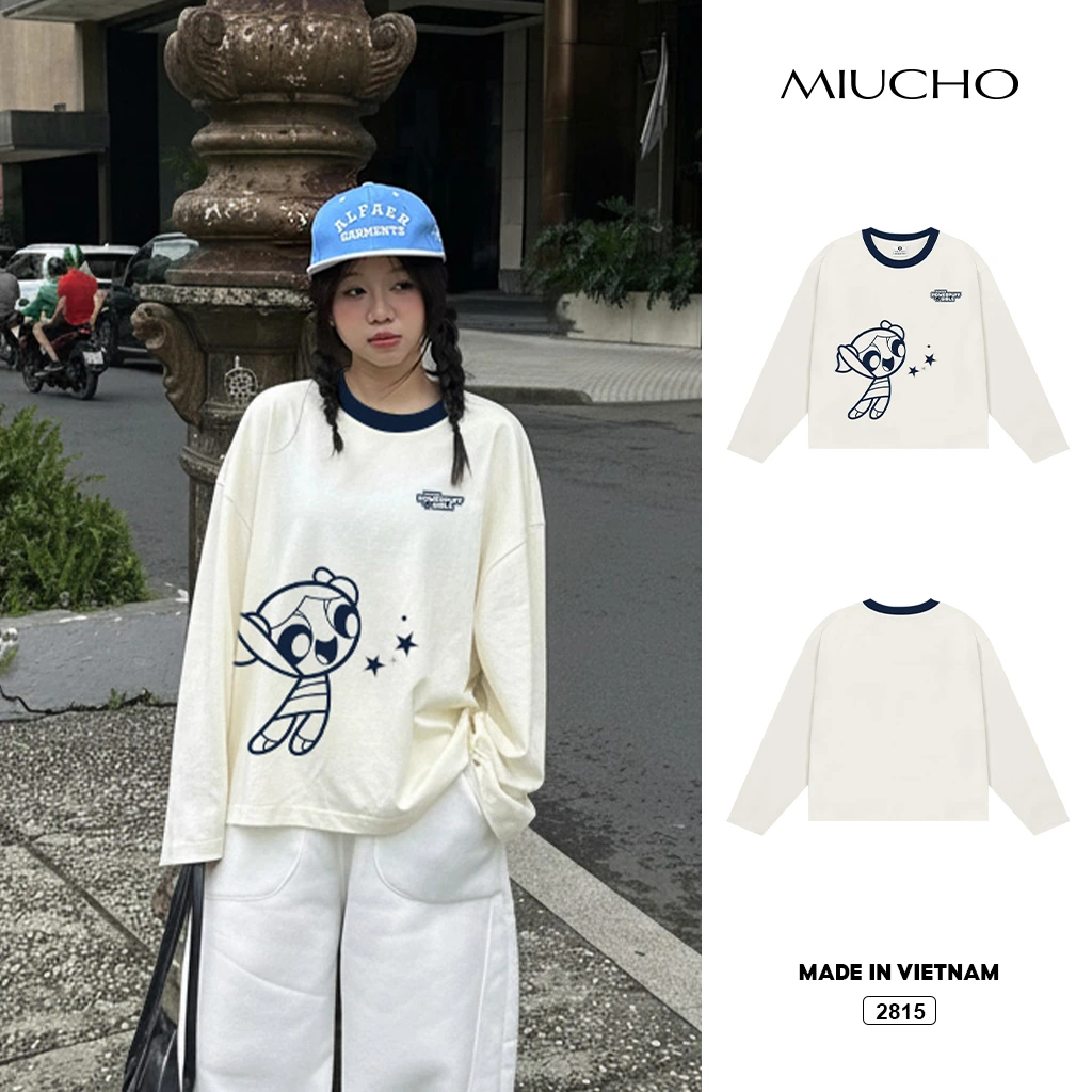 Áo thun boxy tay dài Miucho chất vải thoáng mát giữ form Powerpuff Girl phối cổ mix màu xanh đen 2815