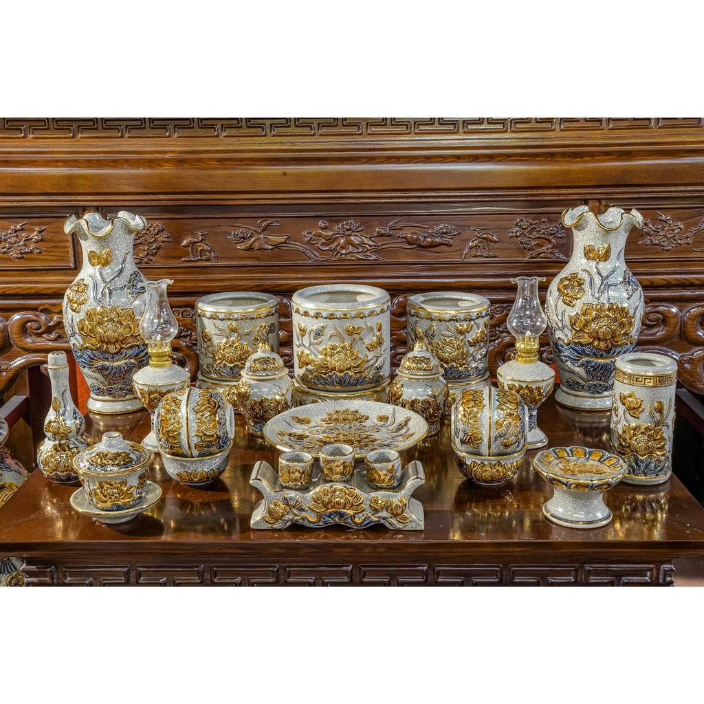 Bộ Đồ Thờ Men Rạn Hoa Sen Vẽ Vàng 24K 9999 Nghệ Nhân Chế Tác Cao Cấp Bát Tràng_thumbnail_1