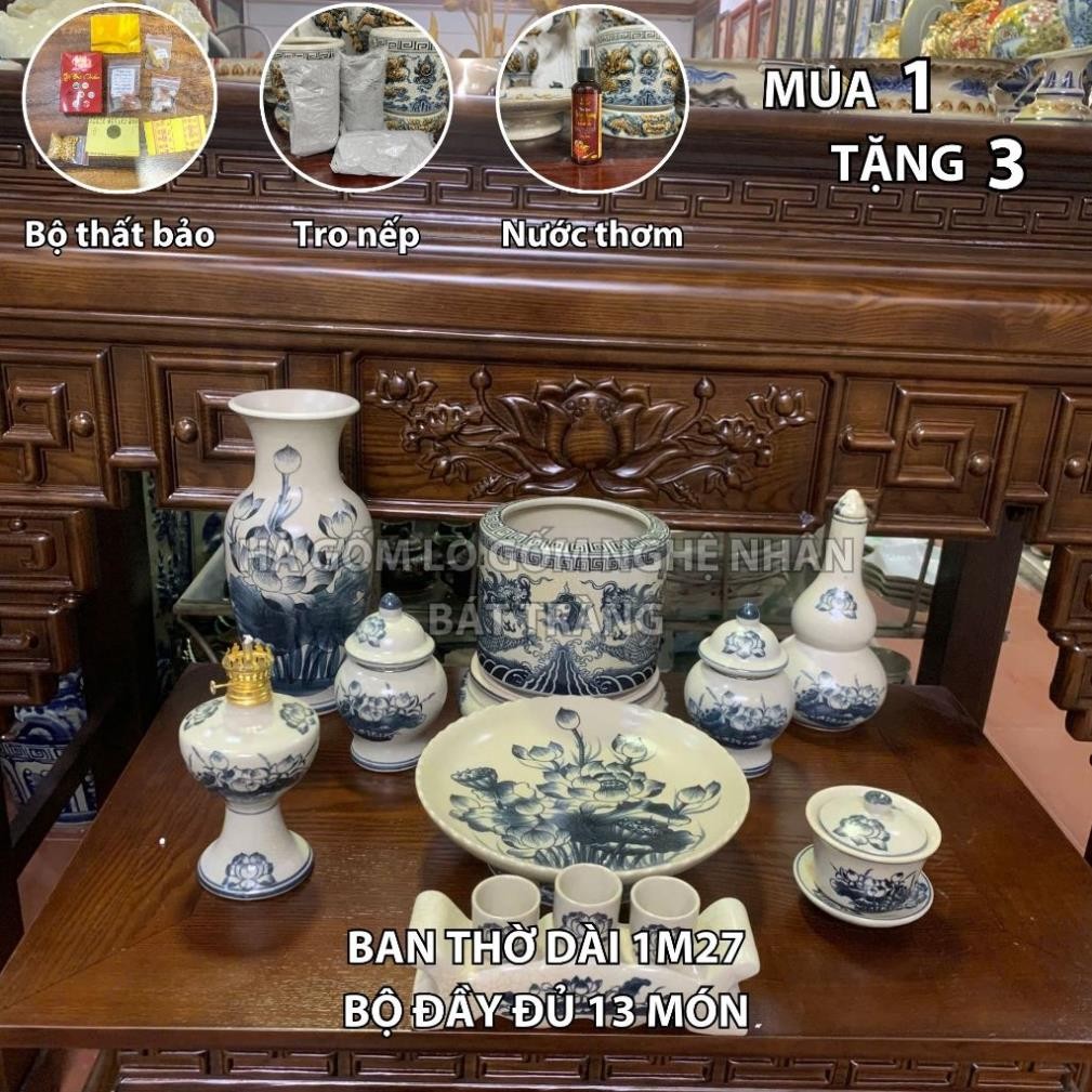 HG073 Đồ Thờ Cúng Bộ 13 món ban thờ 1M27 men rạn trơn nghệ nhân Bát Tràng chế tác TẶNG Thất Bảo, Tro Nếp