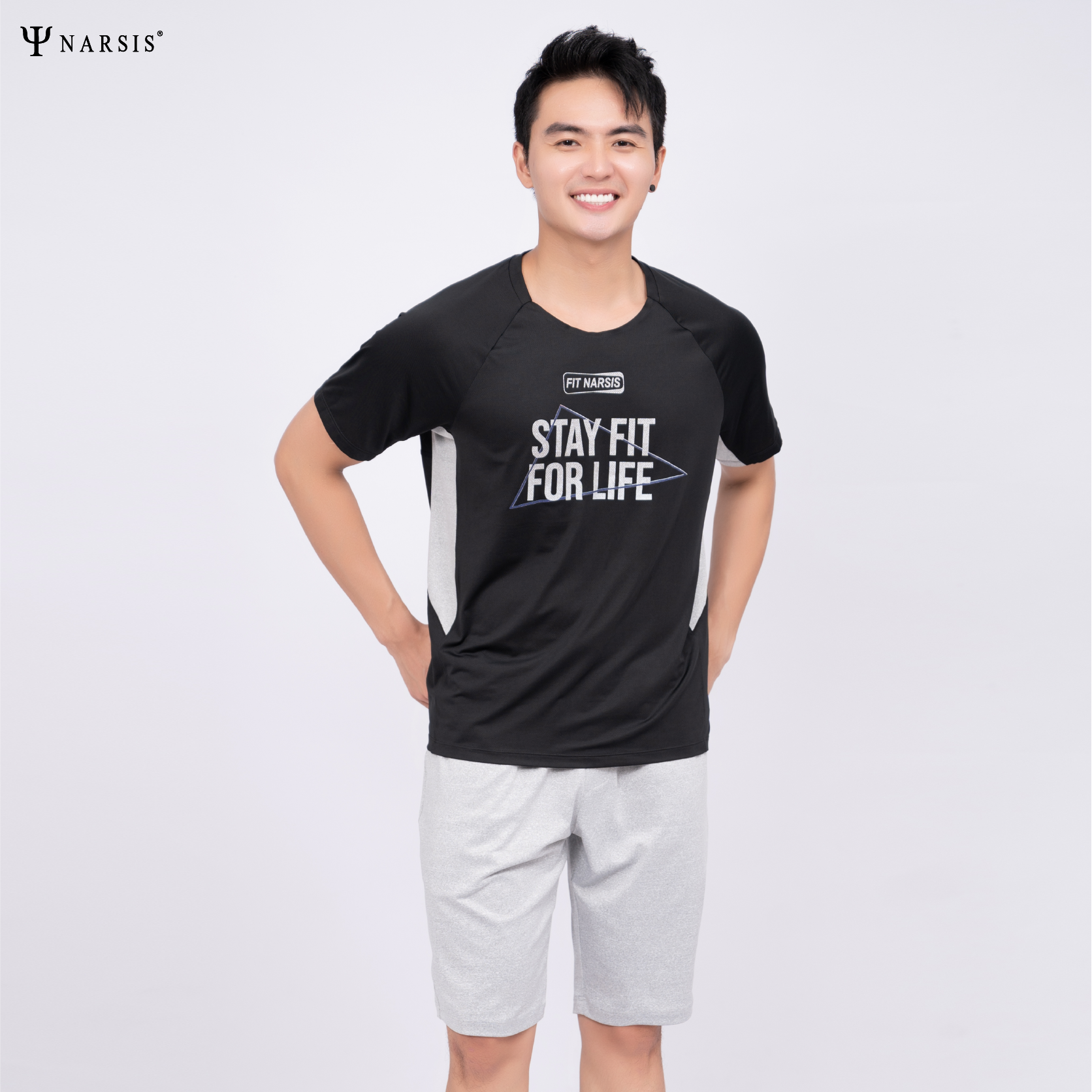 BỘ HÈ THỂ THAO GHI ĐEN NAM VẢI THÔNG HƠI E23008 NARSIS CHẤT LIỆU THOÁNG MÁT, DỄ CHỊU, THOẢI MÁI C..._thumbnail_1