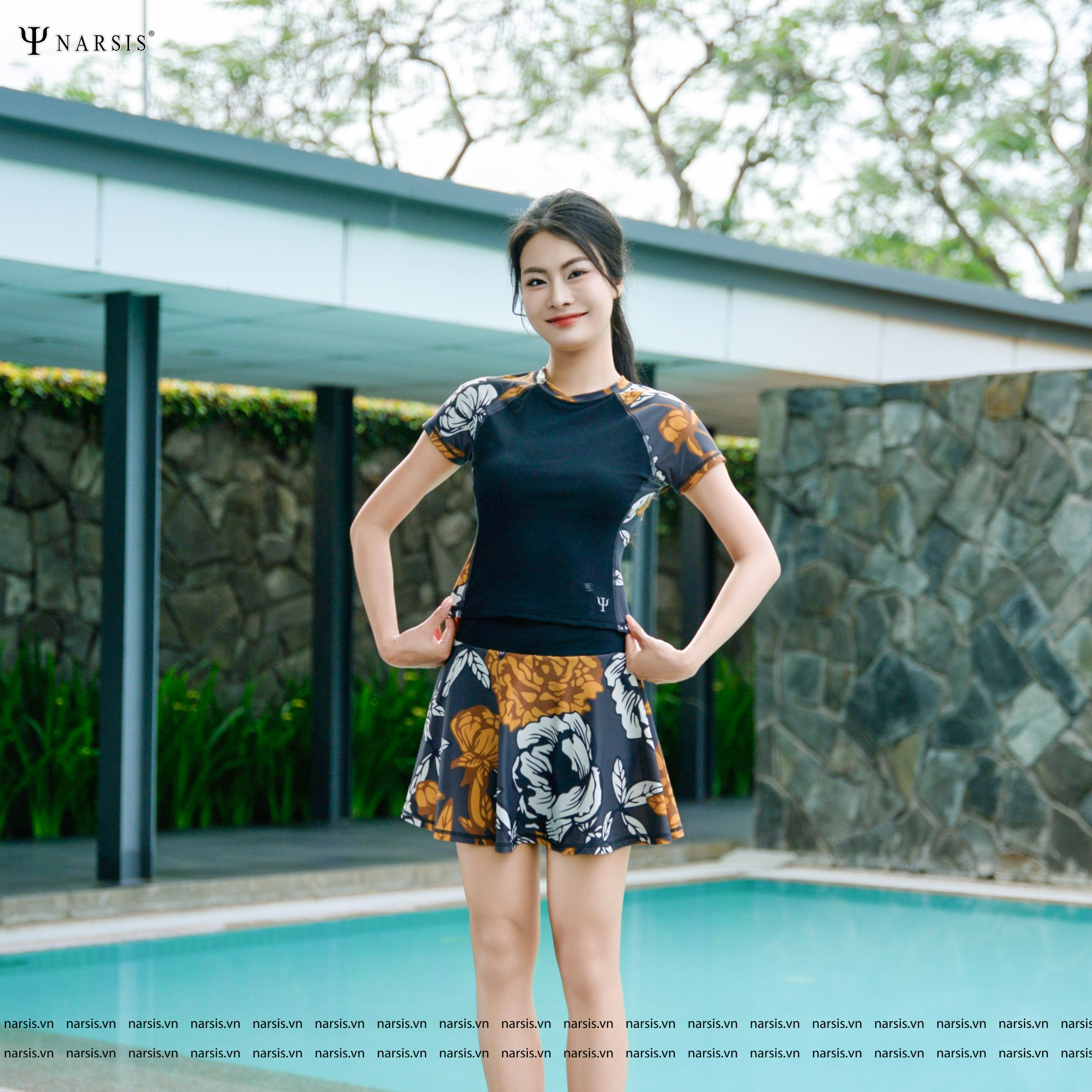 Set Bơi Nữ Áo Kèm Chân Váy Narsis, Đồ Bơi Tạo Eo Có Lót Và Mút Ngực Không Giữ Nước A25008_thumbnail_2