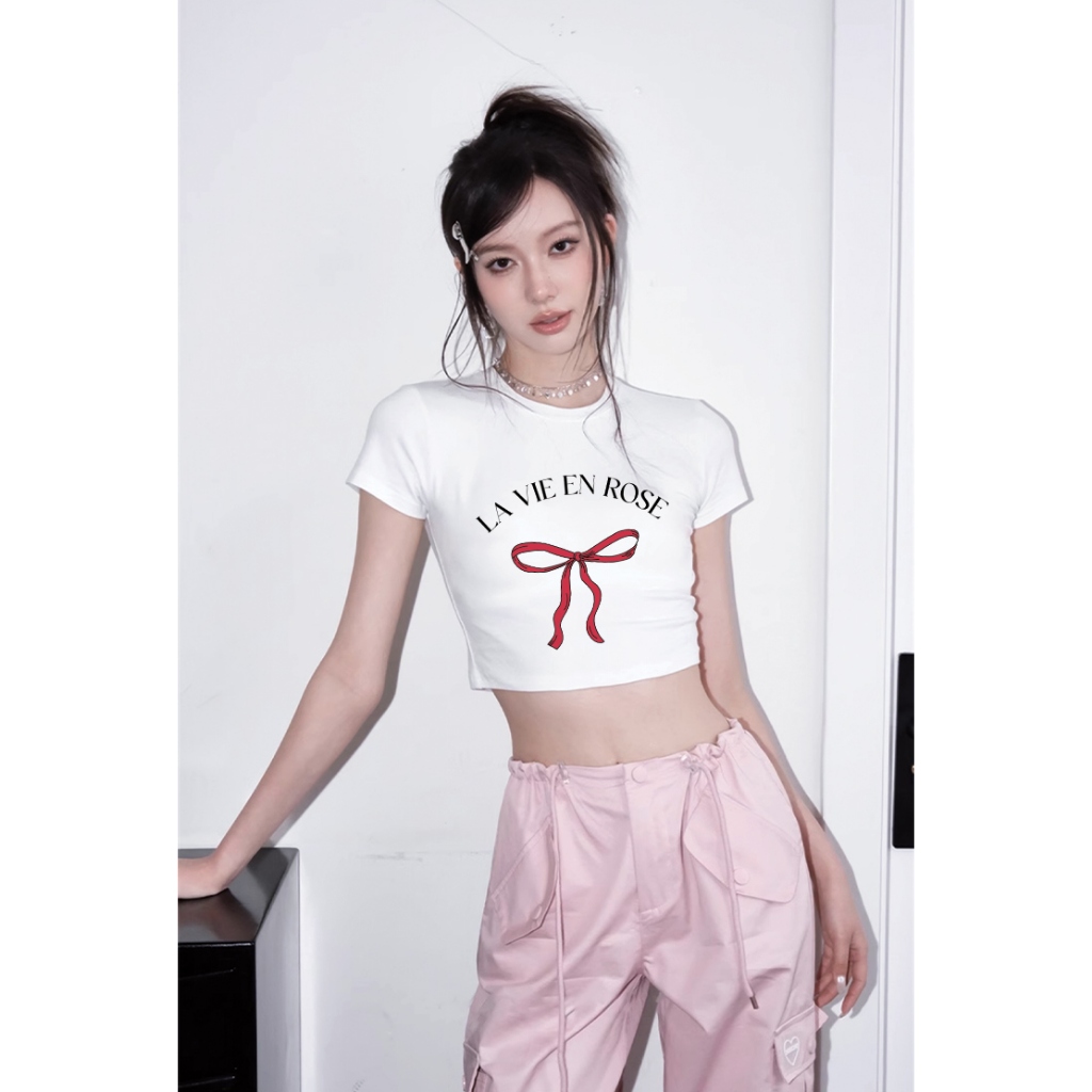 Áo croptop nơ xinh form ôm CRD1219 Miucho tay ngắn vải cotton thoáng mát cổ tòn in mix_thumbnail_3