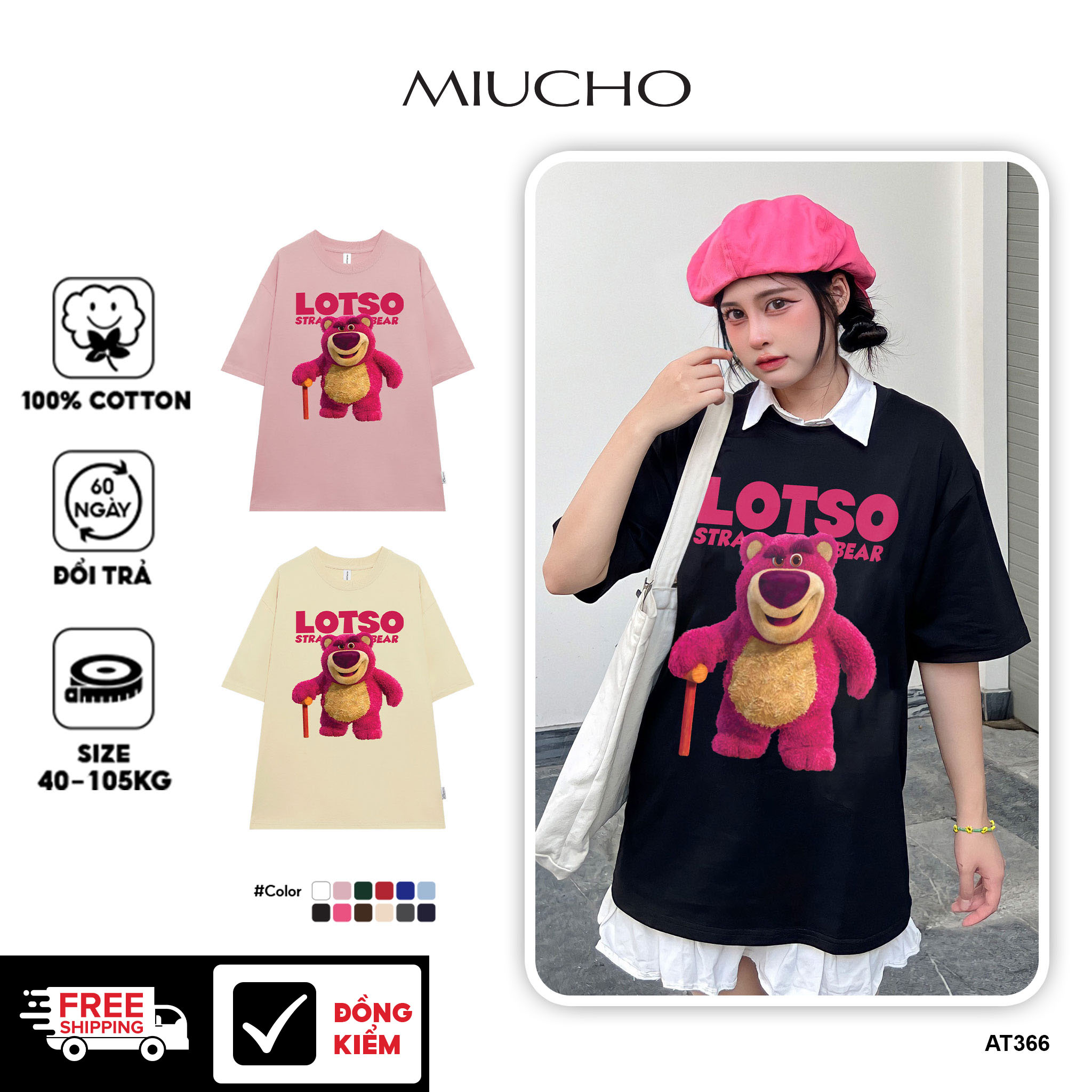 Áo thun gấu dâu lotso form rộng AT366 Miucho basic tee tay lỡ dành cho nam nữ in graphic_thumbnail_1