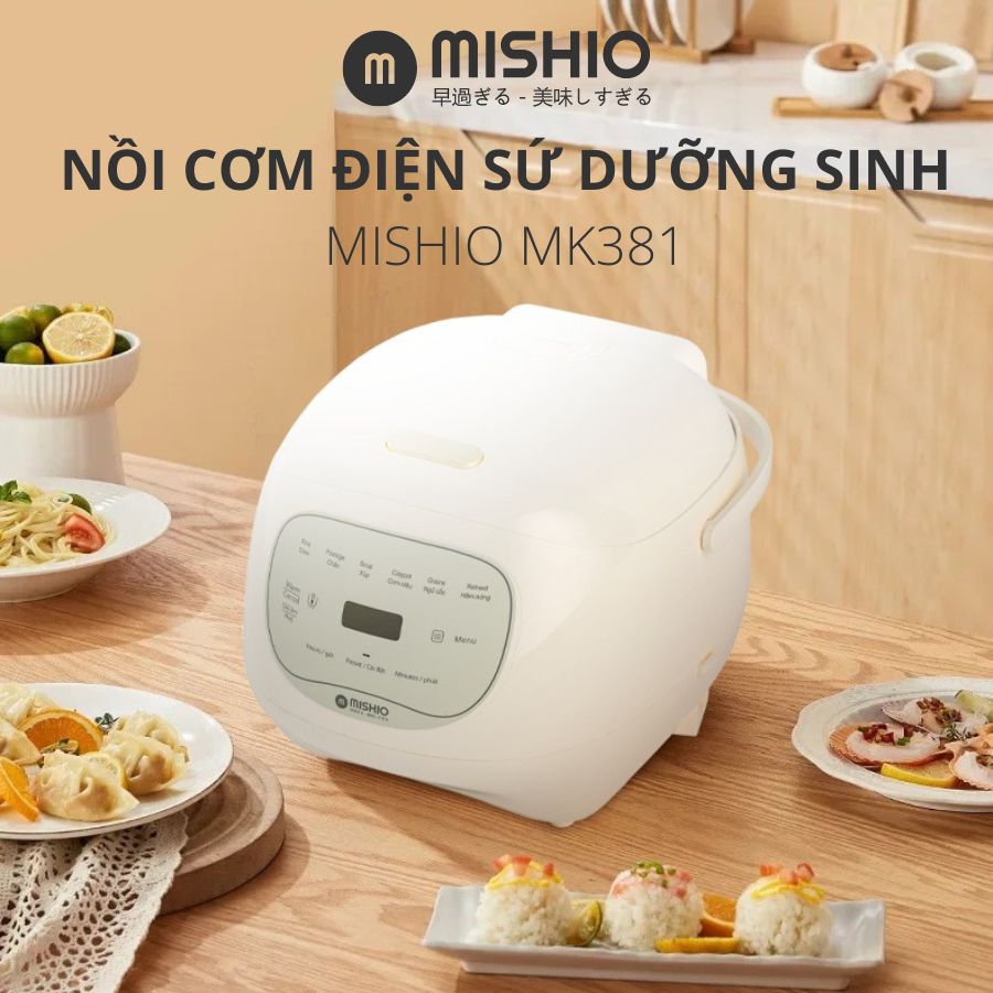 Nồi cơm điện lòng sứ dưỡng sinh 1.2L Mishio MK381 tặng kèm nồi hầm chậm 1Lít_thumbnail_1