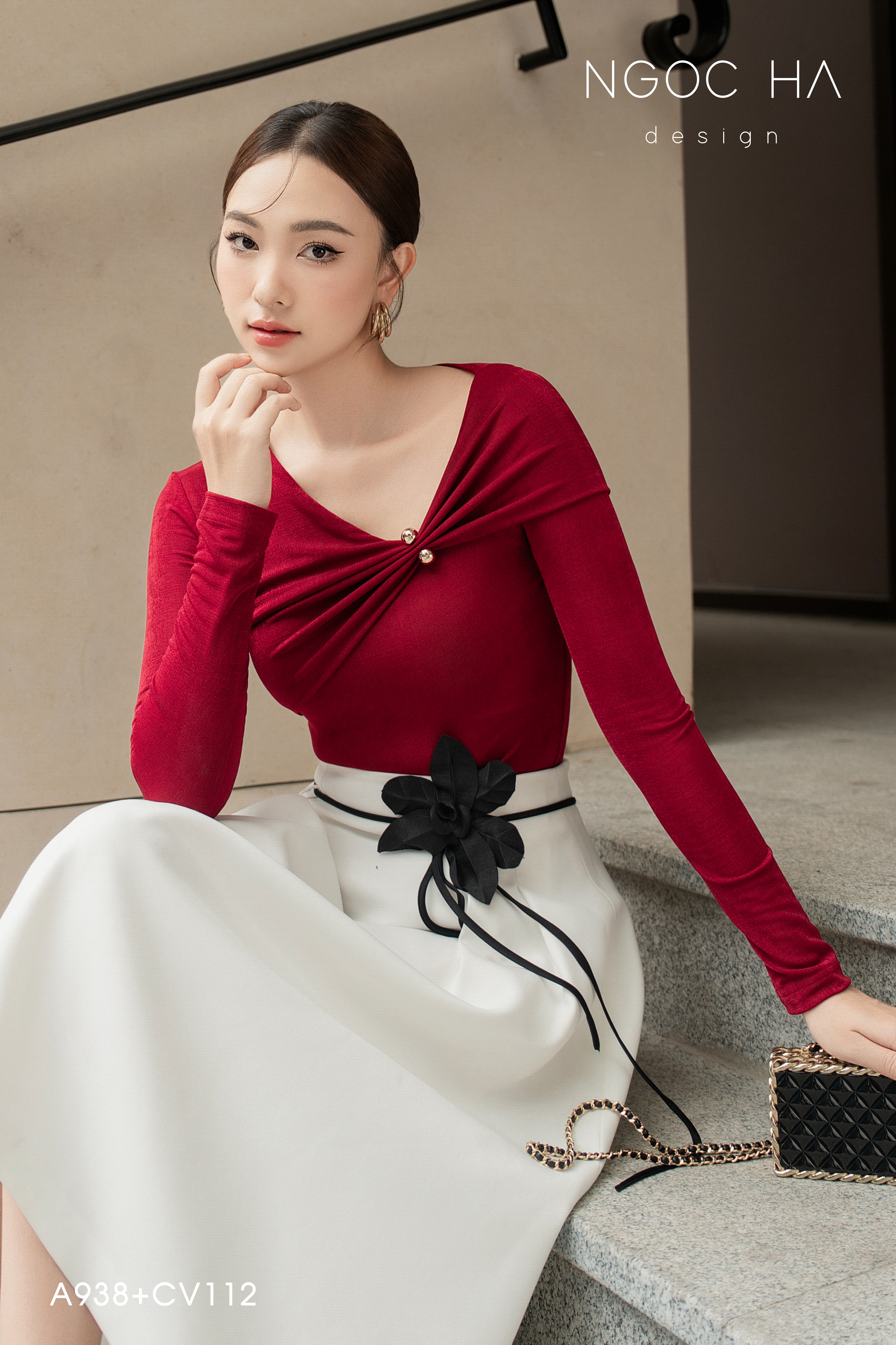 Belle Top_ Áo Thun Nhún Lệch Cổ Dài Tay A938