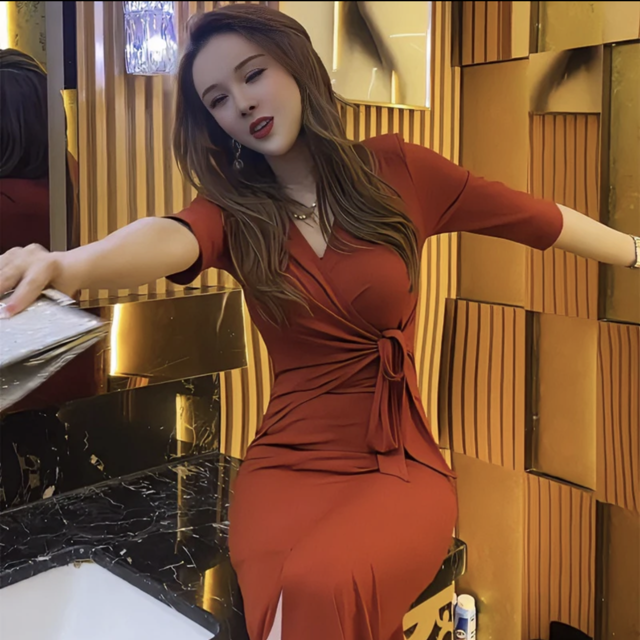 Đầm body cổ V đắp chéo tay lỡ cột eo_thumbnail_6