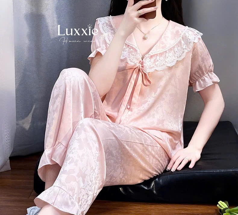 N108B Pijama lụa gấm hoa cổ ren trắng buộc nơ cộc tay_thumbnail_5