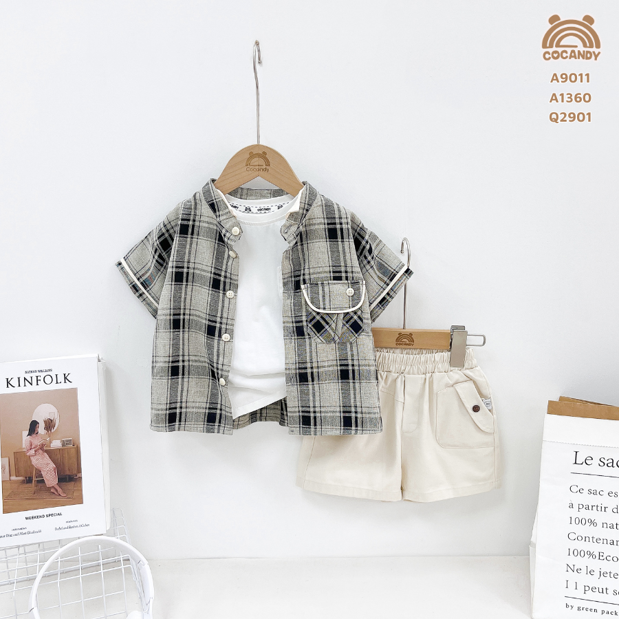 Áo cộc caro ĐEN sơ mi cổ trụ