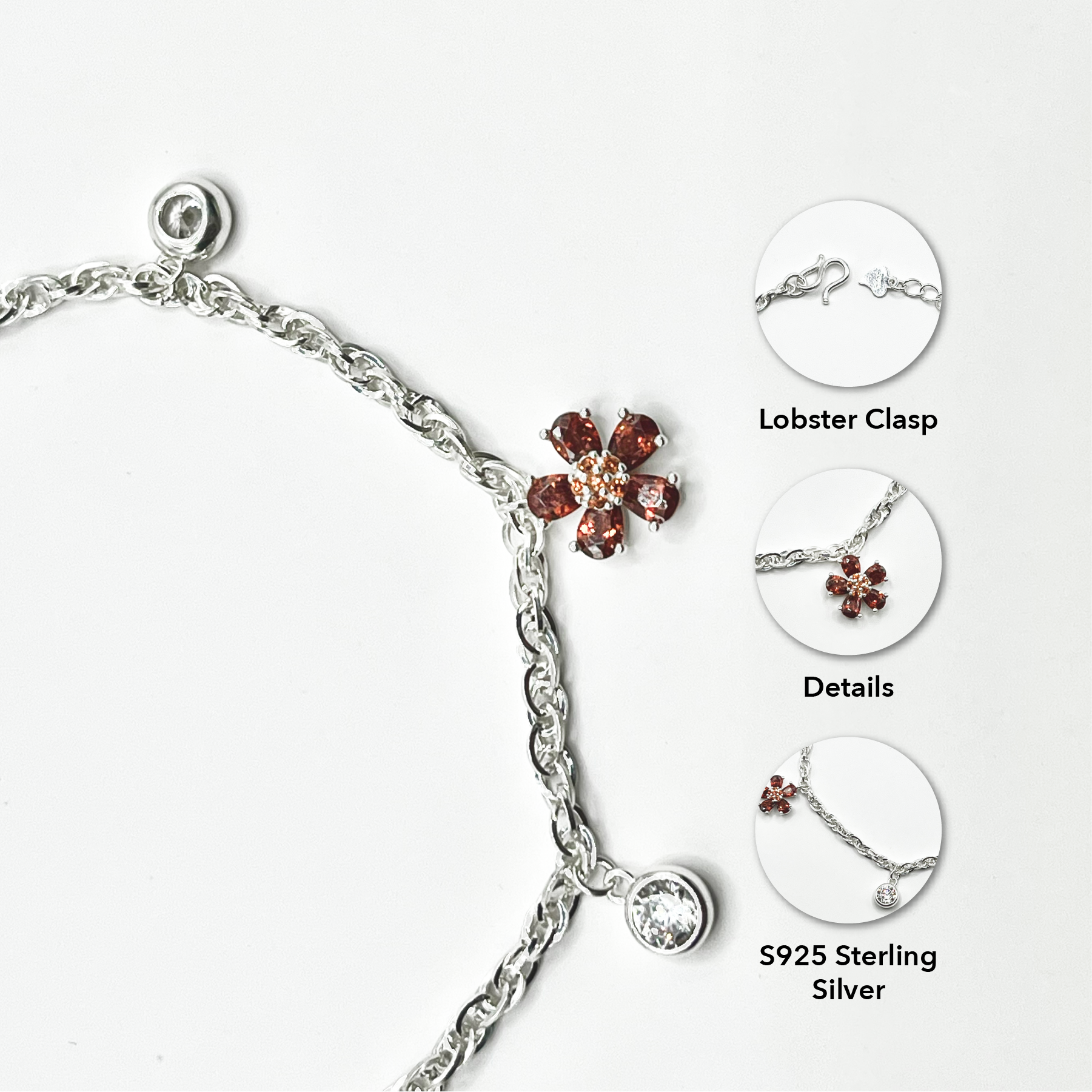 Lắc tay bạc 925 đính charm hoa