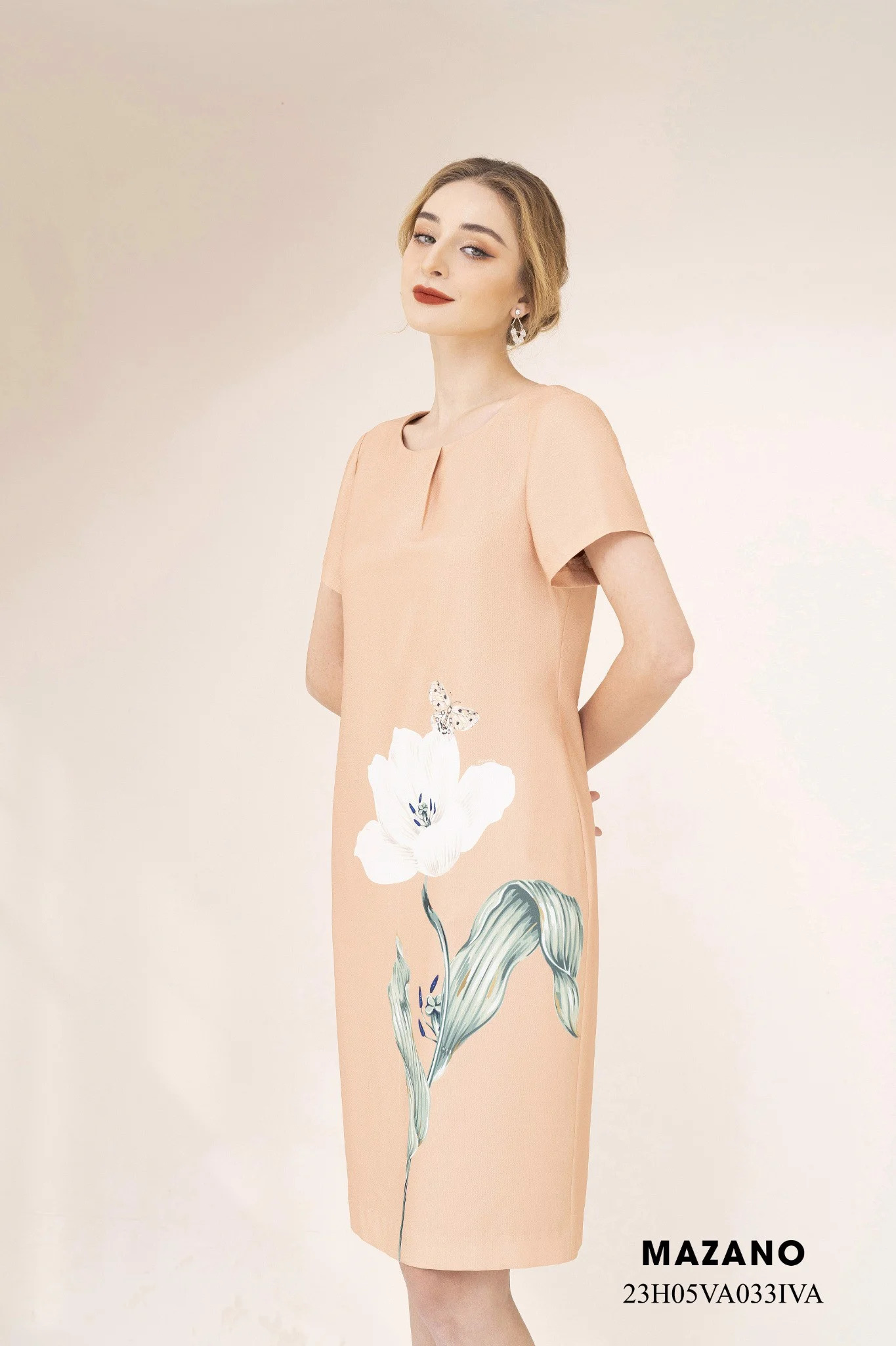 Váy Đầm Suông Vải thô mỏng Hoạ tiết in hoa Cổ tròn Tay ngắn Dài qua gối_thumbnail_2