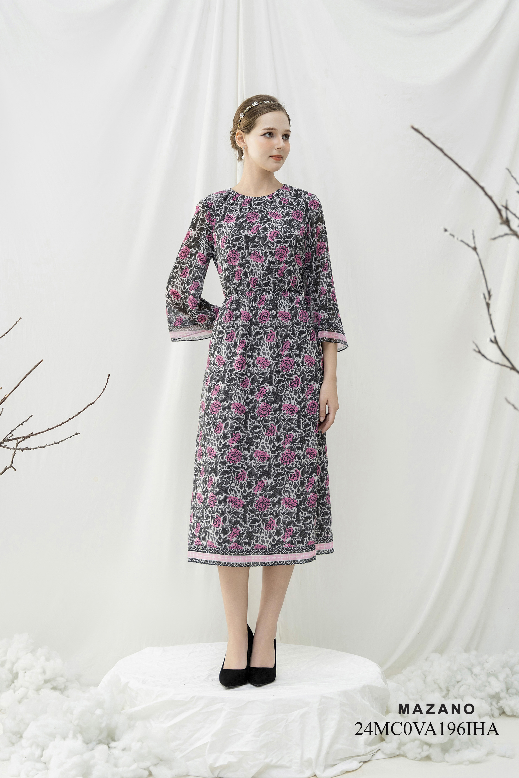 Váy Đầm bùng eo Vải voan lụa Hoạ tiết hoa trang trí gấu váy  Cổ tròn Tay lỡ Dài qua bắp chân