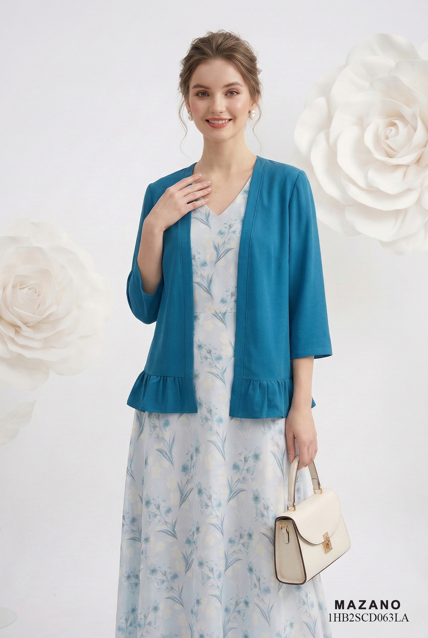 Áo cardigan vải voan dày màu xanh cổ vịt dáng suông trang trí bèo gấu thiết kế MAZANO_thumbnail_3