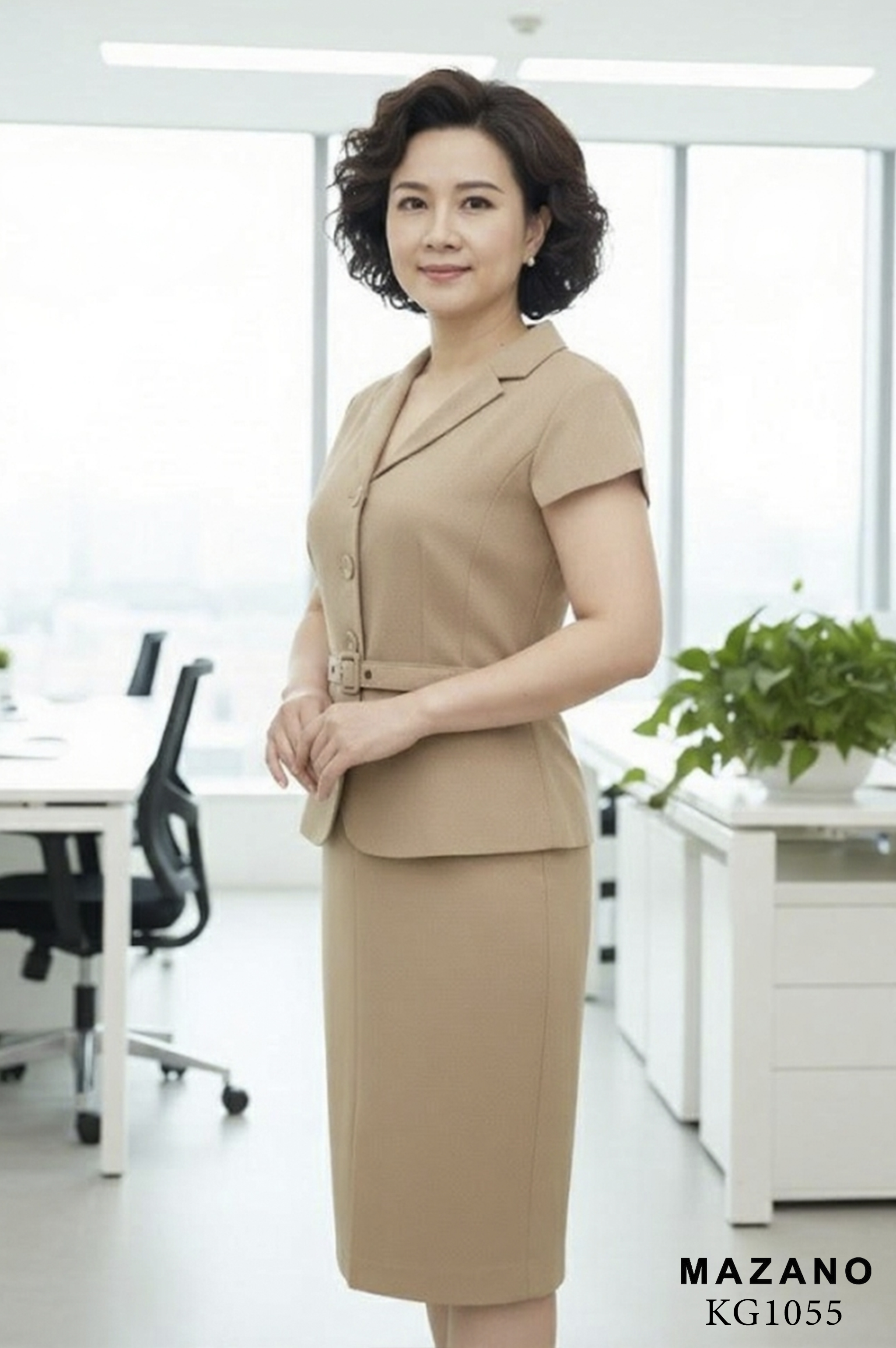 Bộ Áo ký giả ngắn tay và Chân váy juyp vải Tuytxi màu nâu nhạt