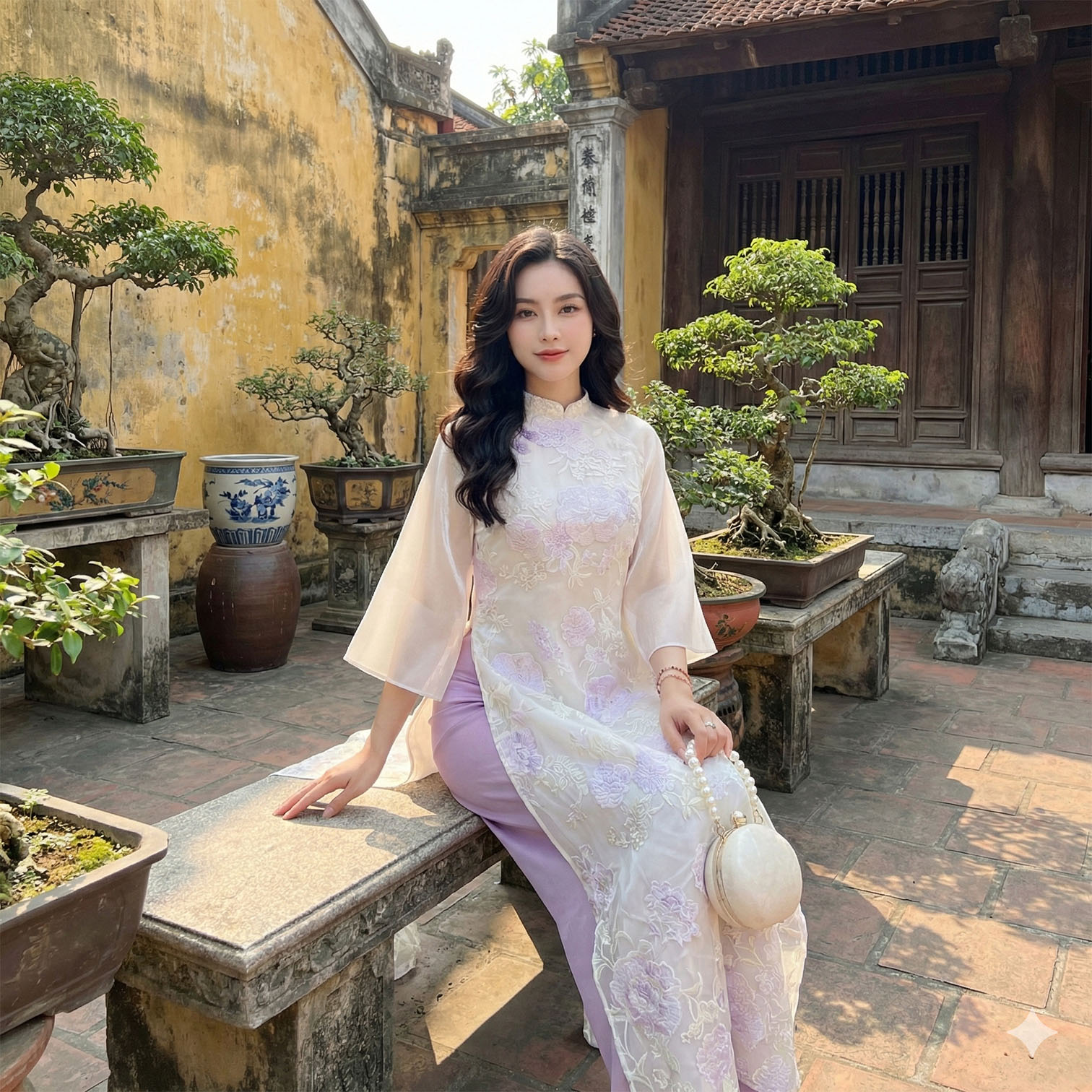 Áo Dài Cách Tân Nữ Dáng Suông Voan Thêu Họa Tiết N25-03