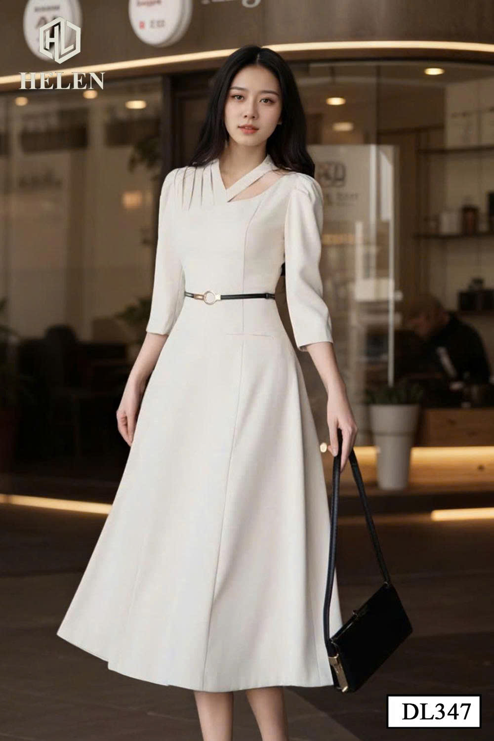 Đầm xòe màu trắng cổ cách điệu DL347