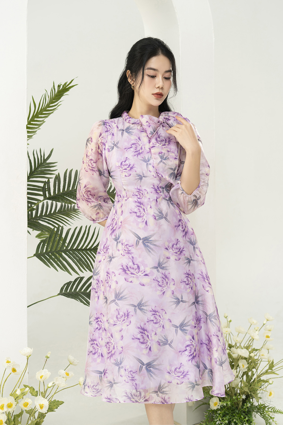 Đầm công sở dáng xòe tơ ngọc trai hoa tím D3002_thumbnail_3