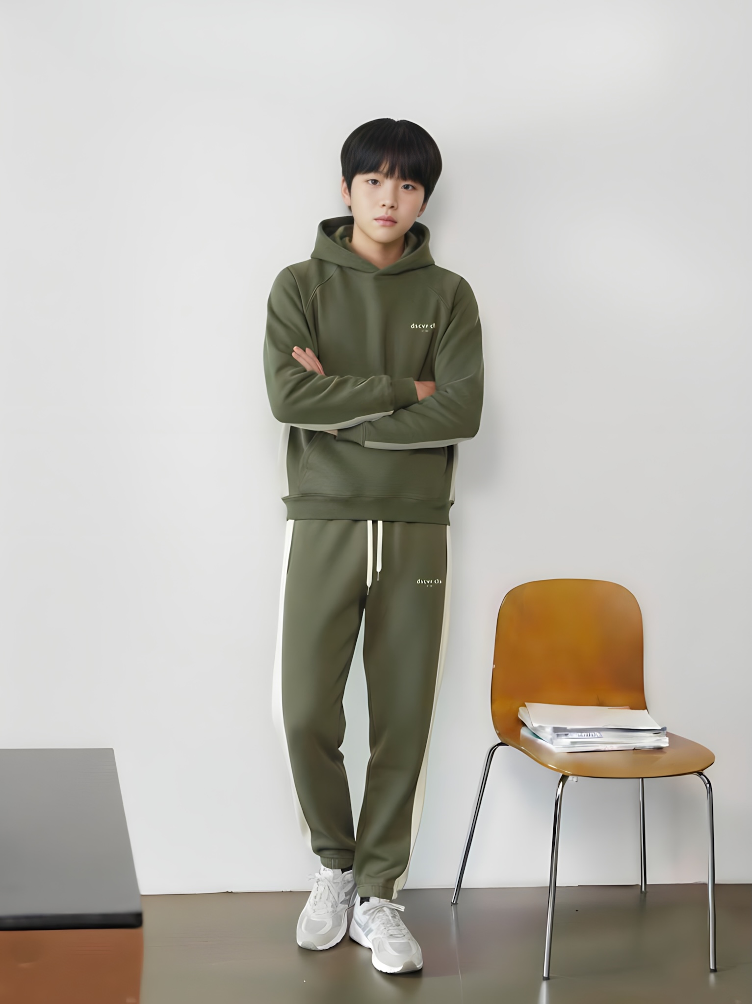 Áo nỉ hoodie màu xanh olive phối dọc_thumbnail_3